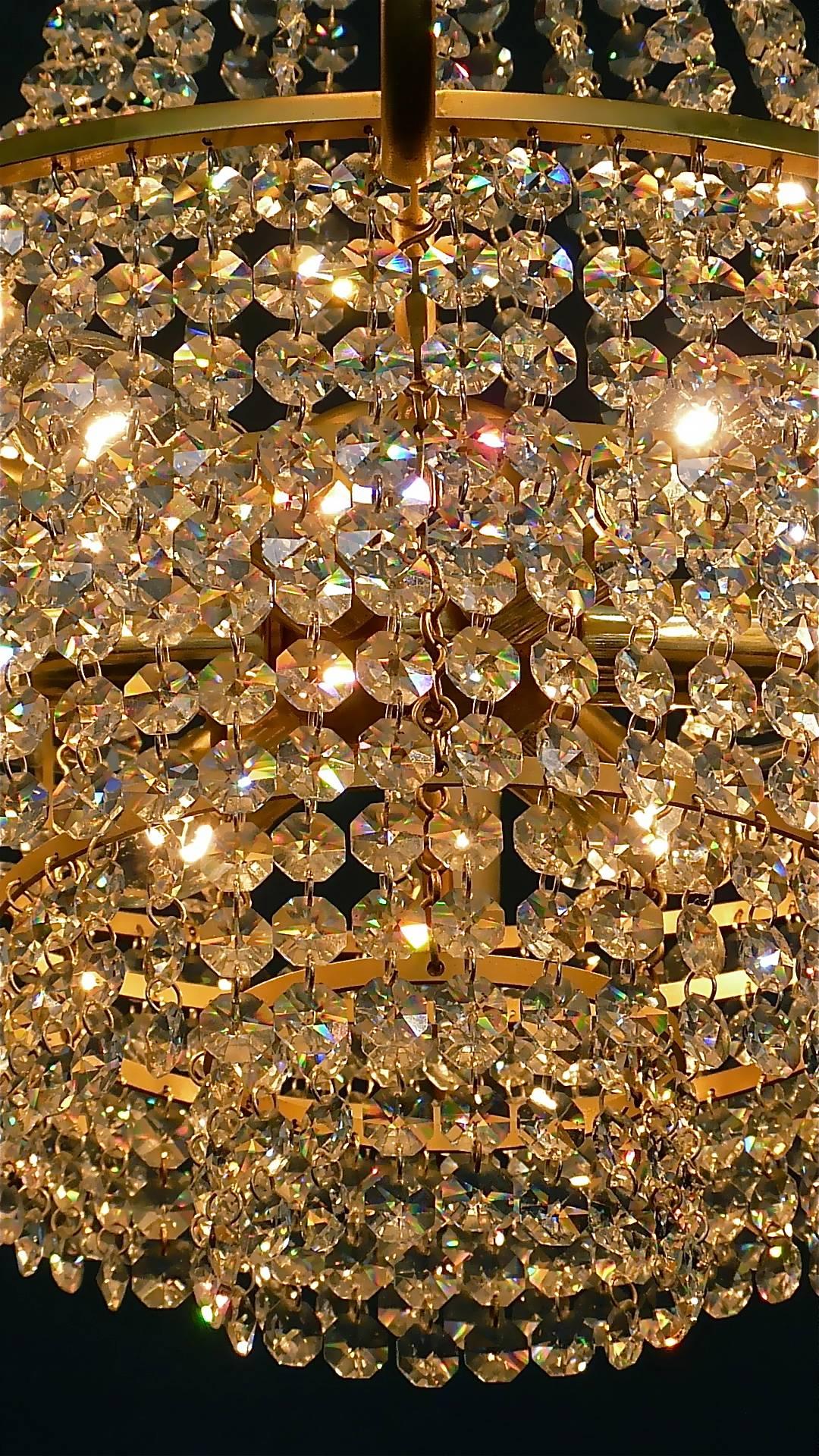 Large Classical Palwa Chandelier Gilt Brass Faceted Crystal Glass Palm Crown Top For Sale 7