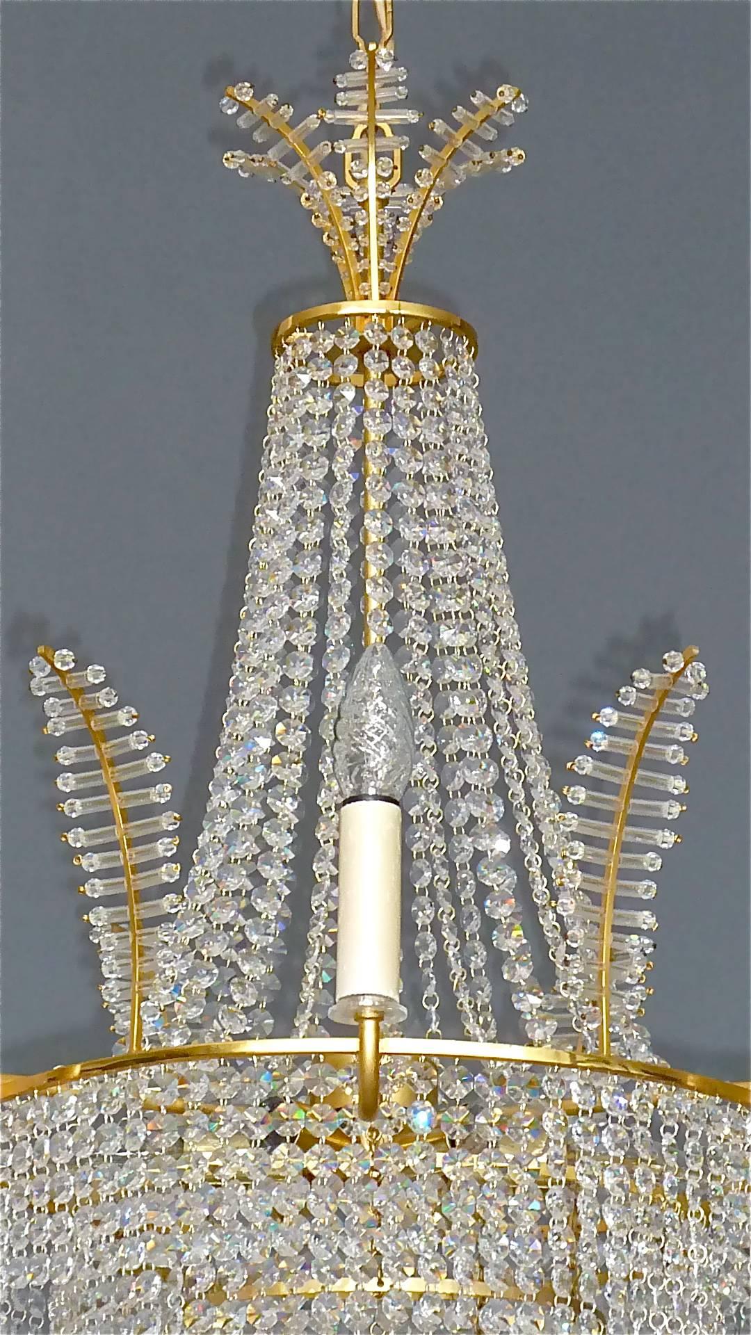 German Large Classical Palwa Chandelier Gilt Brass Faceted Crystal Glass Palm Crown Top For Sale