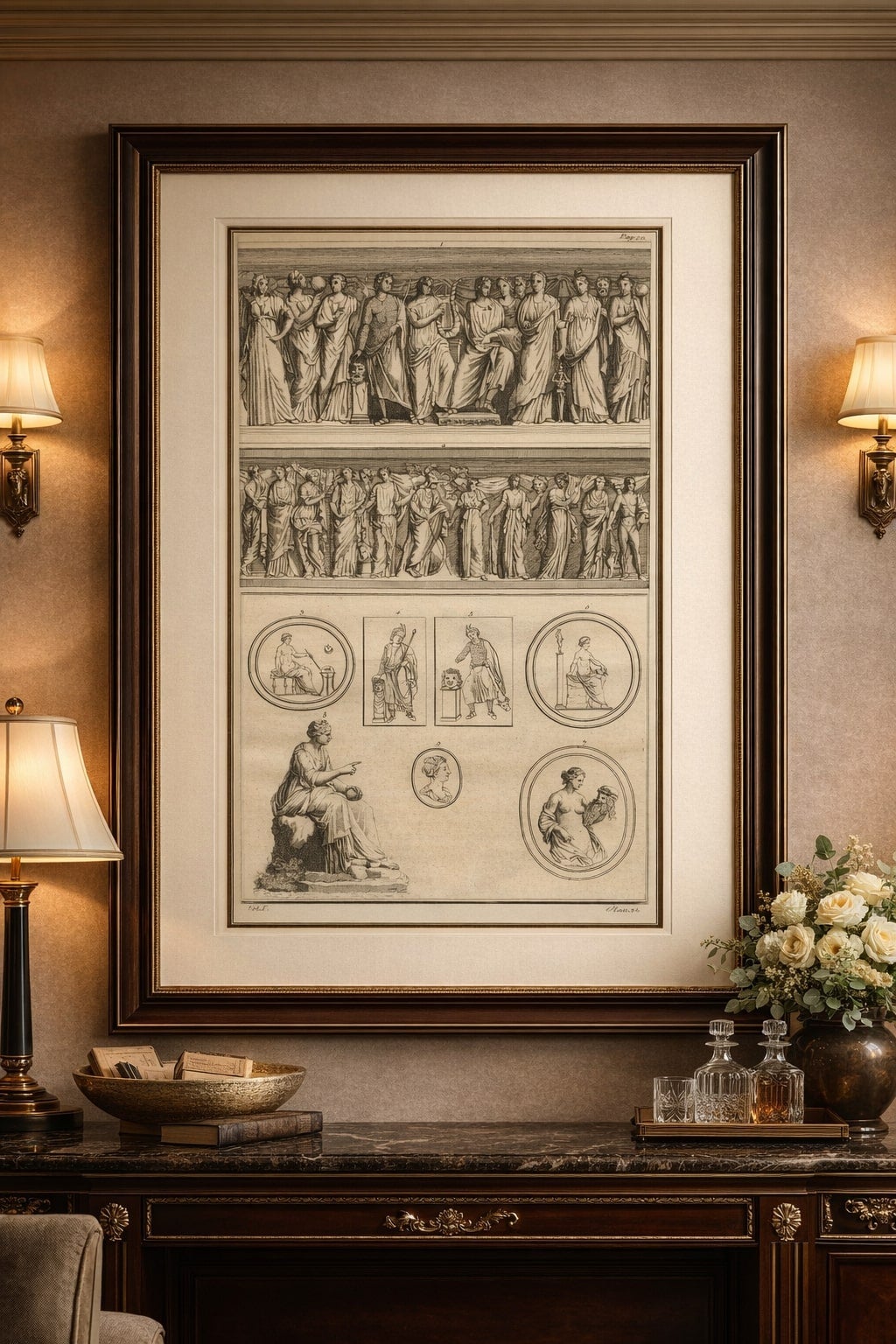 Large Classical Relief Engraving with Female Figures – Montfaucon, London 1721 For Sale