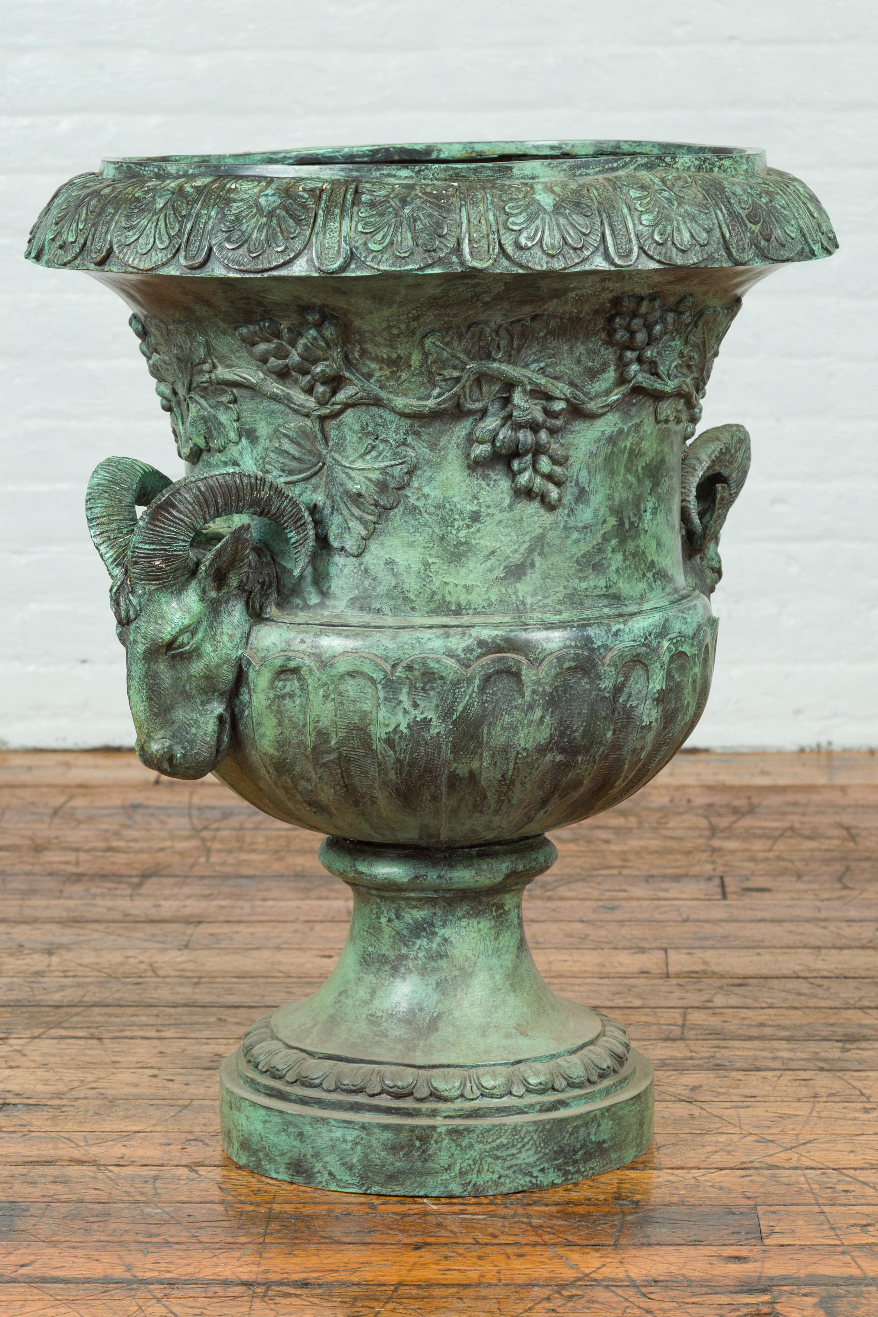 Large Classical Roman Style Bronze Urn Planter with Verde Patina and Rams Heads For Sale 3