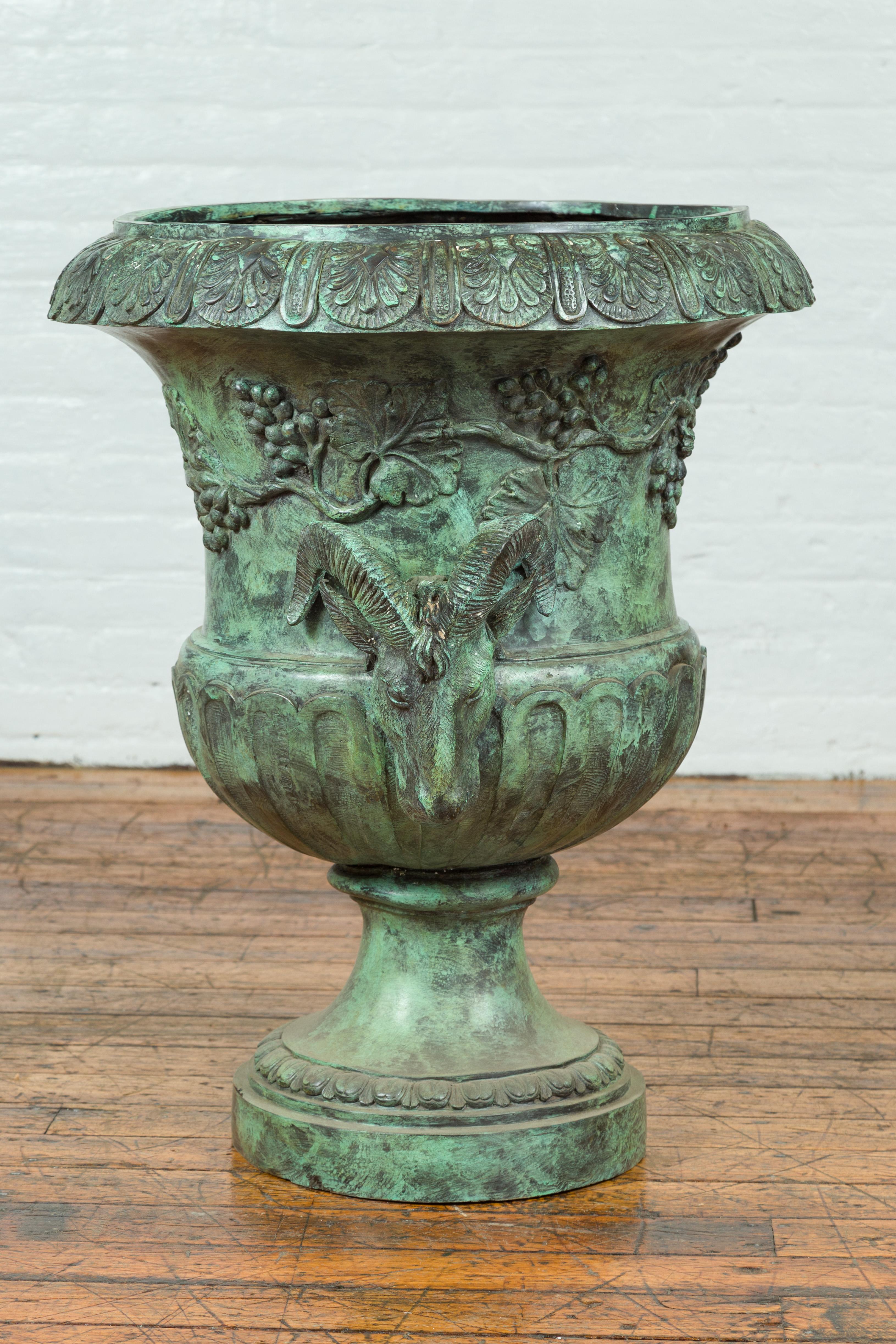Large Classical Roman Style Bronze Urn Planter with Verde Patina and Rams Heads For Sale 4