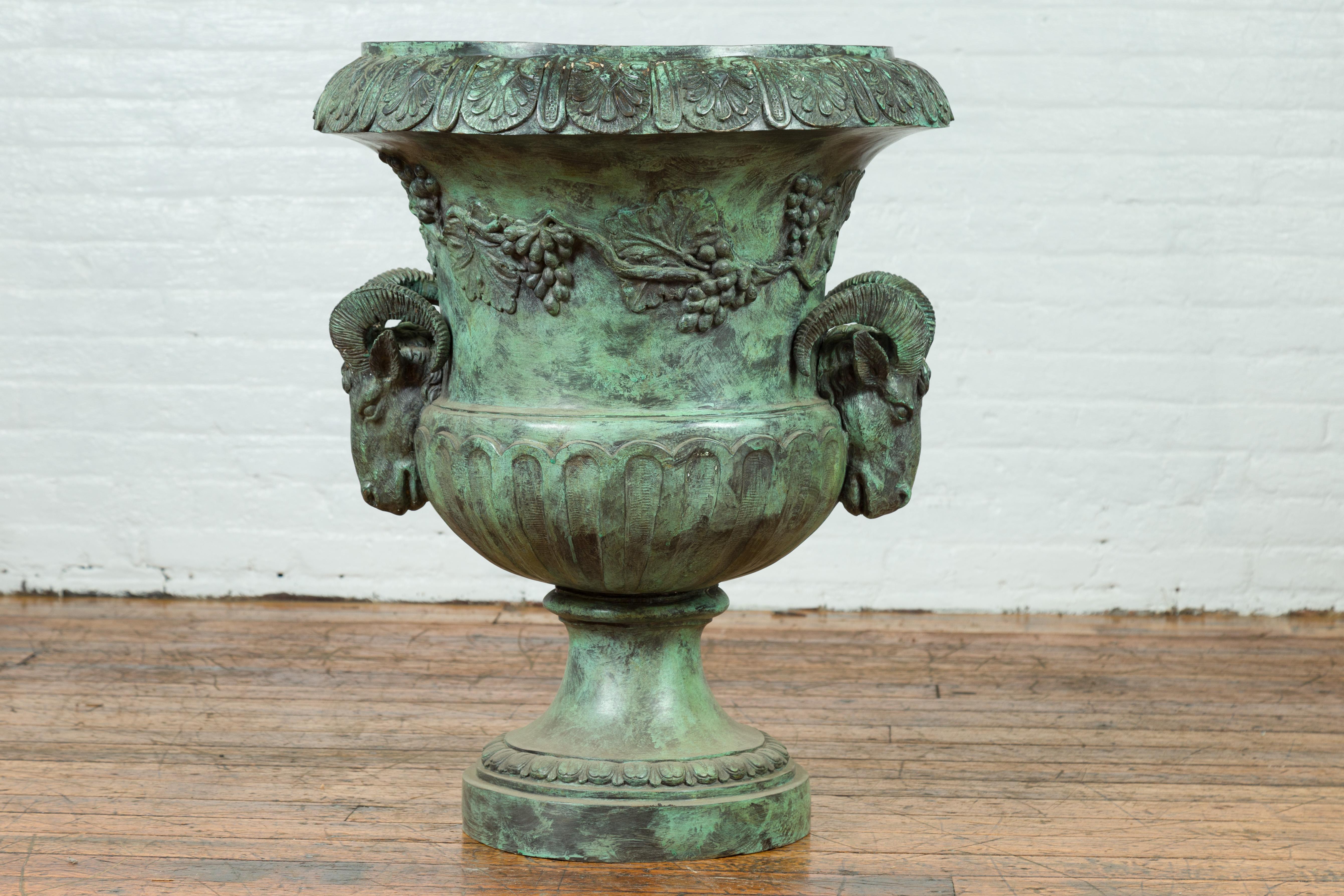 Large Classical Roman Style Bronze Urn Planter with Verde Patina and Rams Heads For Sale 5