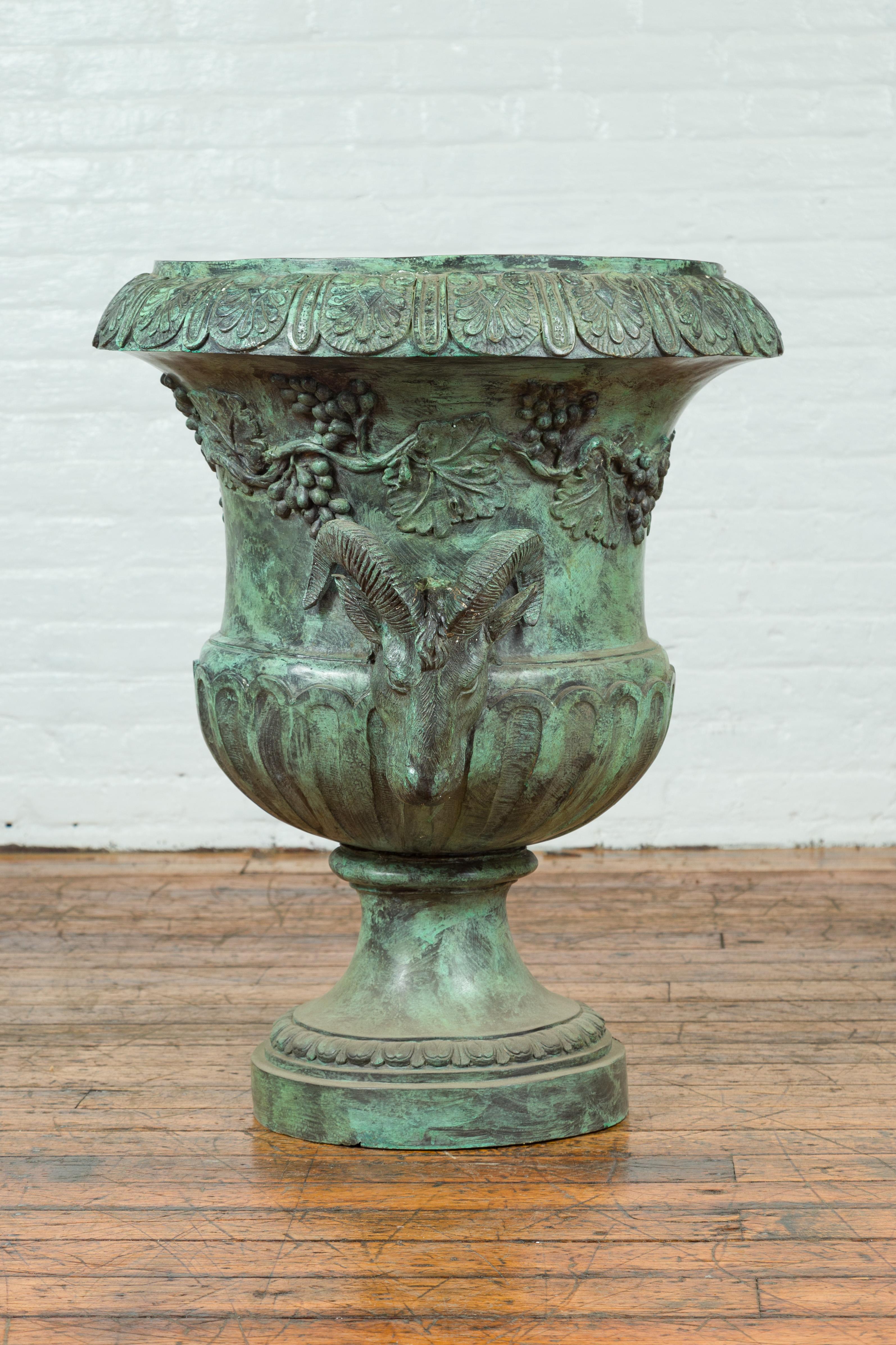 Large Classical Roman Style Bronze Urn Planter with Verde Patina and Rams Heads For Sale 6