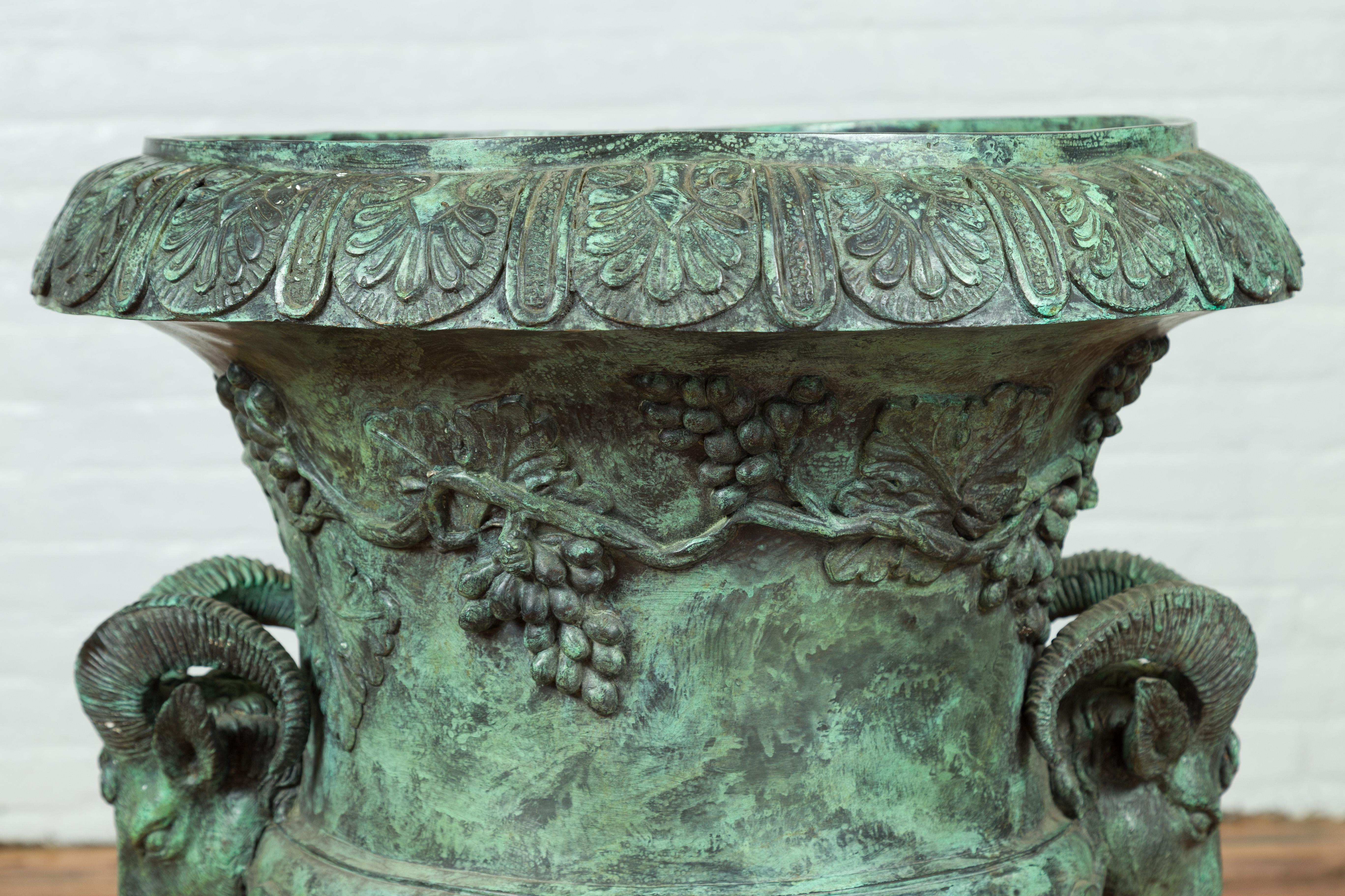 Large Classical Roman Style Bronze Urn Planter with Verde Patina and Rams Heads In Good Condition For Sale In Yonkers, NY