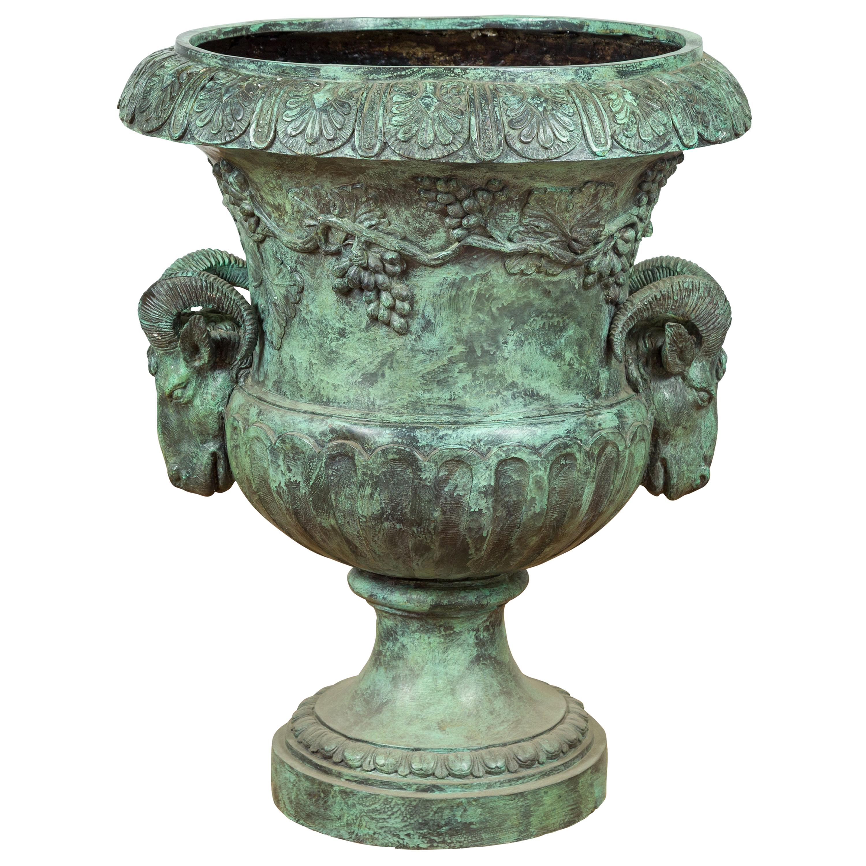 Large Classical Roman Style Bronze Urn Planter with Verde Patina and Rams Heads For Sale