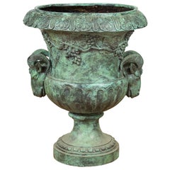 Large Classical Roman Style Bronze Urn Planter with Verde Patina and Rams Heads