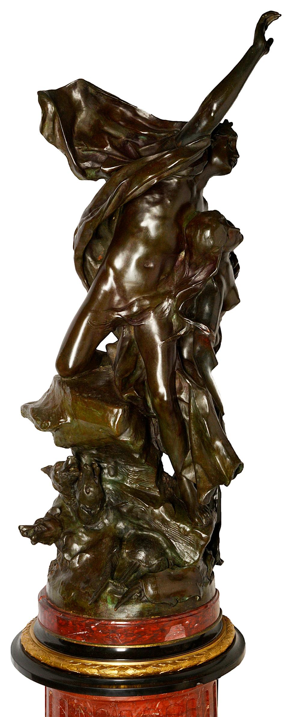 Classical Greek Large Classical Semi Nude Bronze Figures Mounted on Marble Pedestal, circa 1880 For Sale