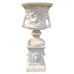 Large Classical Style Composite Stone Garden Urn on Plinth with Stags and Lions