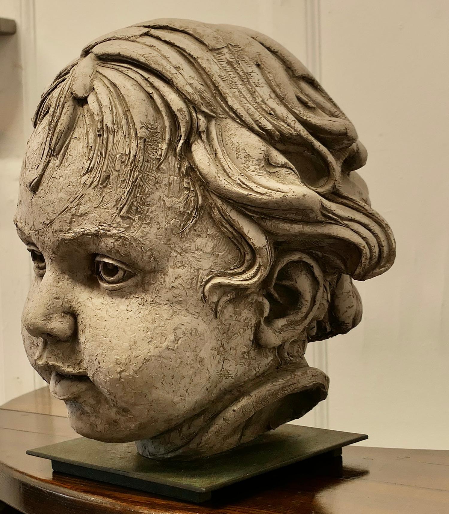 Contemporary Large Clay Bust of a Child by Philippe Seené, 2004 set on Bronze     Life size s For Sale