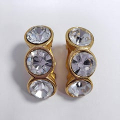 Large Clear 3 Crystal Clip On Earrings in Gold Tone, Mid 1900s