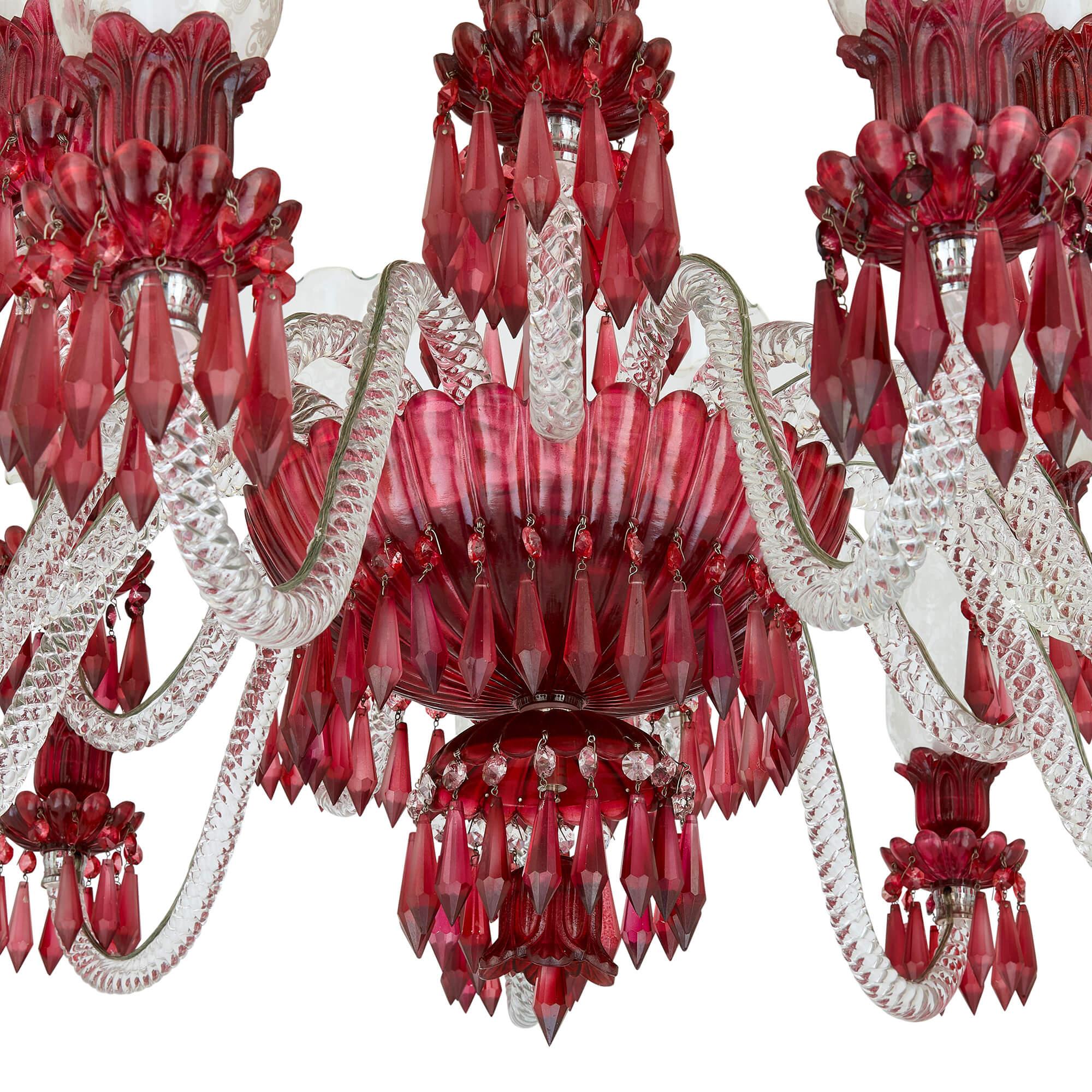 Belle Époque Large Clear and Red Cut Glass Chandelier  For Sale