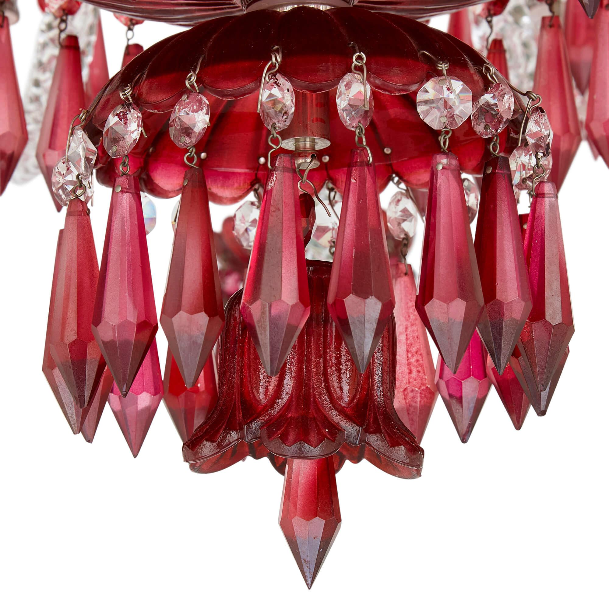 European Large Clear and Red Cut Glass Chandelier  For Sale