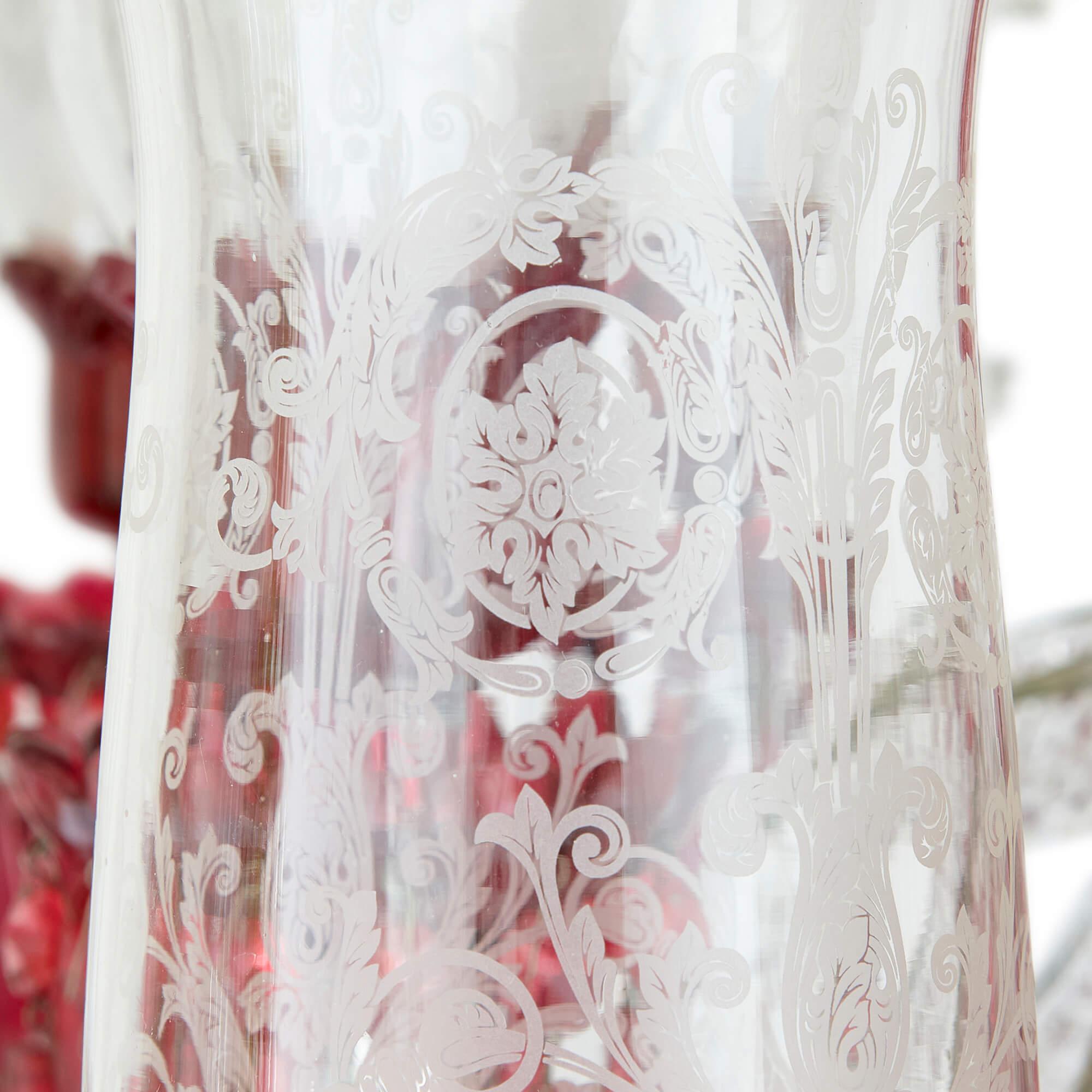 Etched Large Clear and Red Cut Glass Chandelier  For Sale