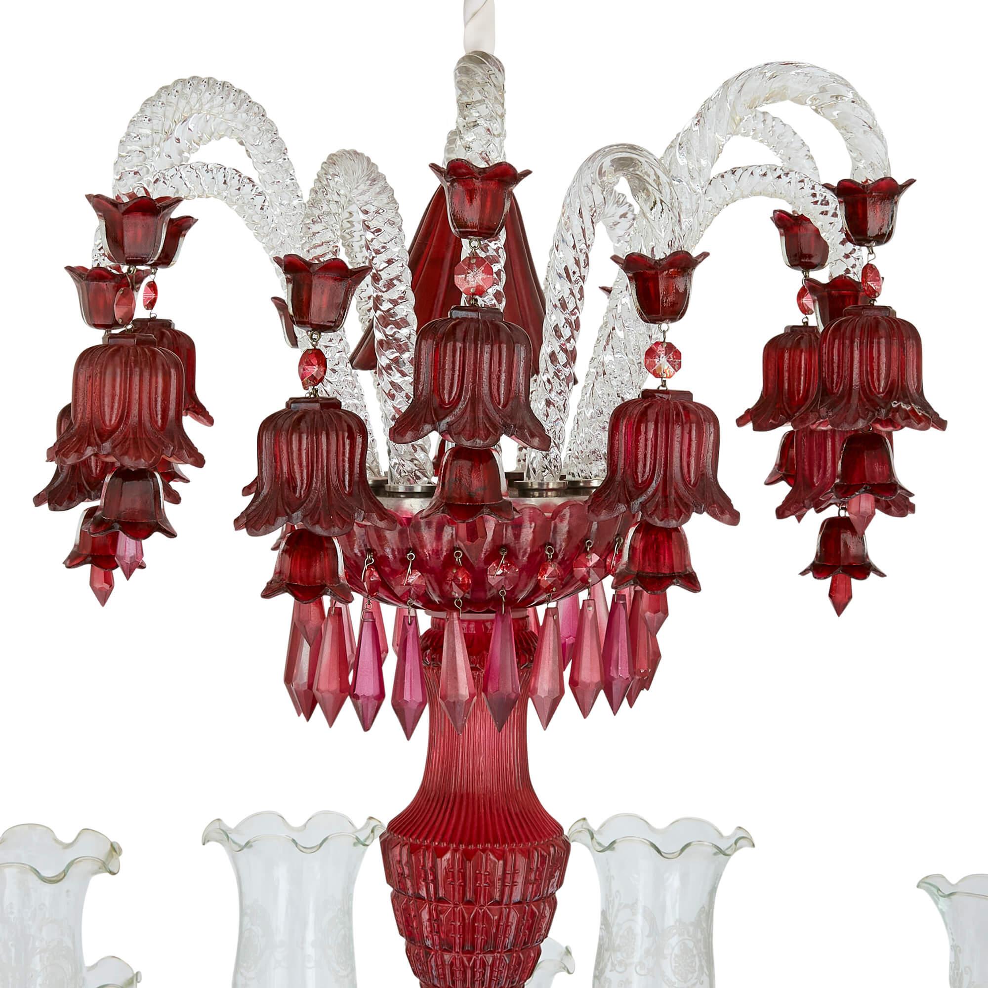 Large Clear and Red Cut Glass Chandelier  In Good Condition For Sale In London, GB