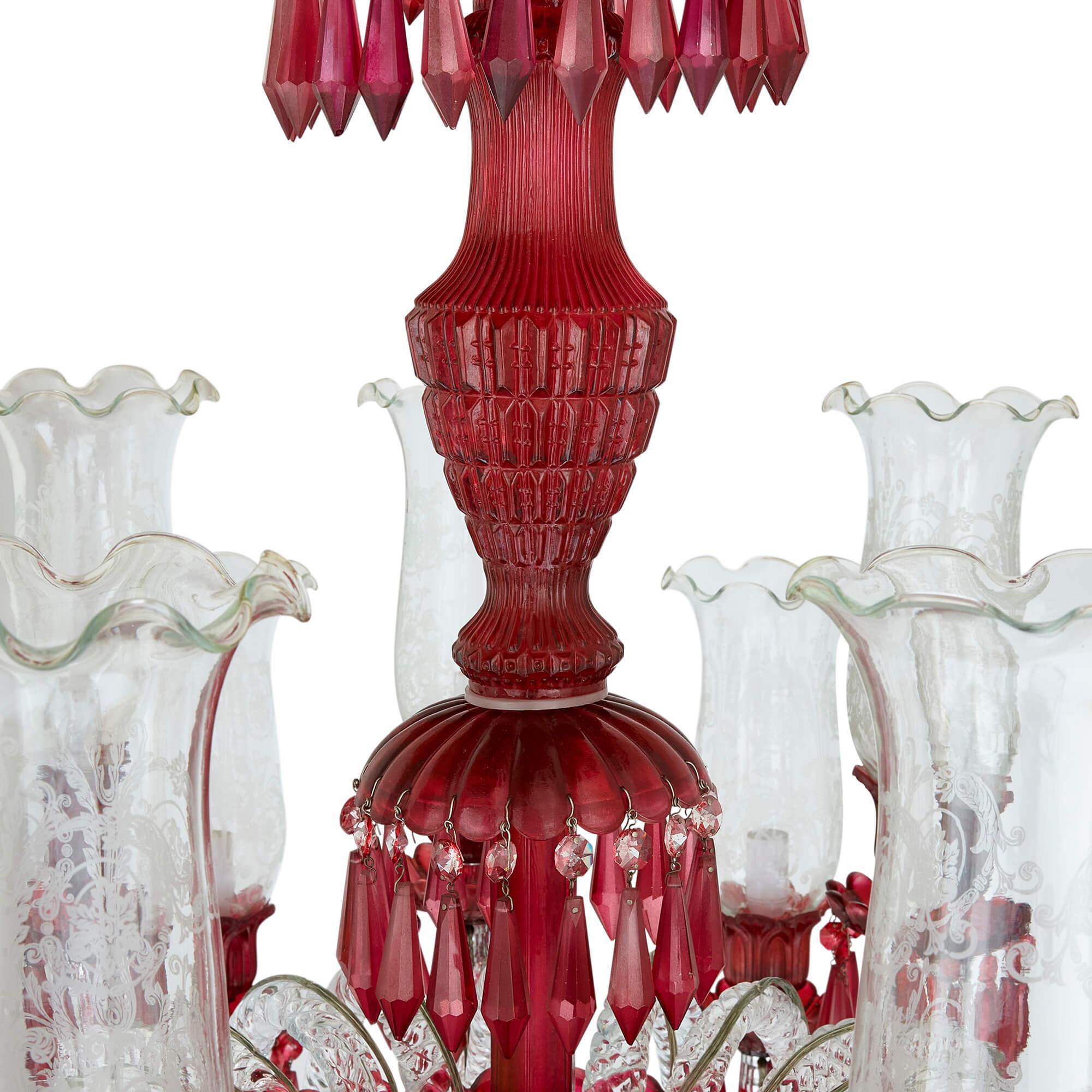 20th Century Large Clear and Red Cut Glass Chandelier  For Sale