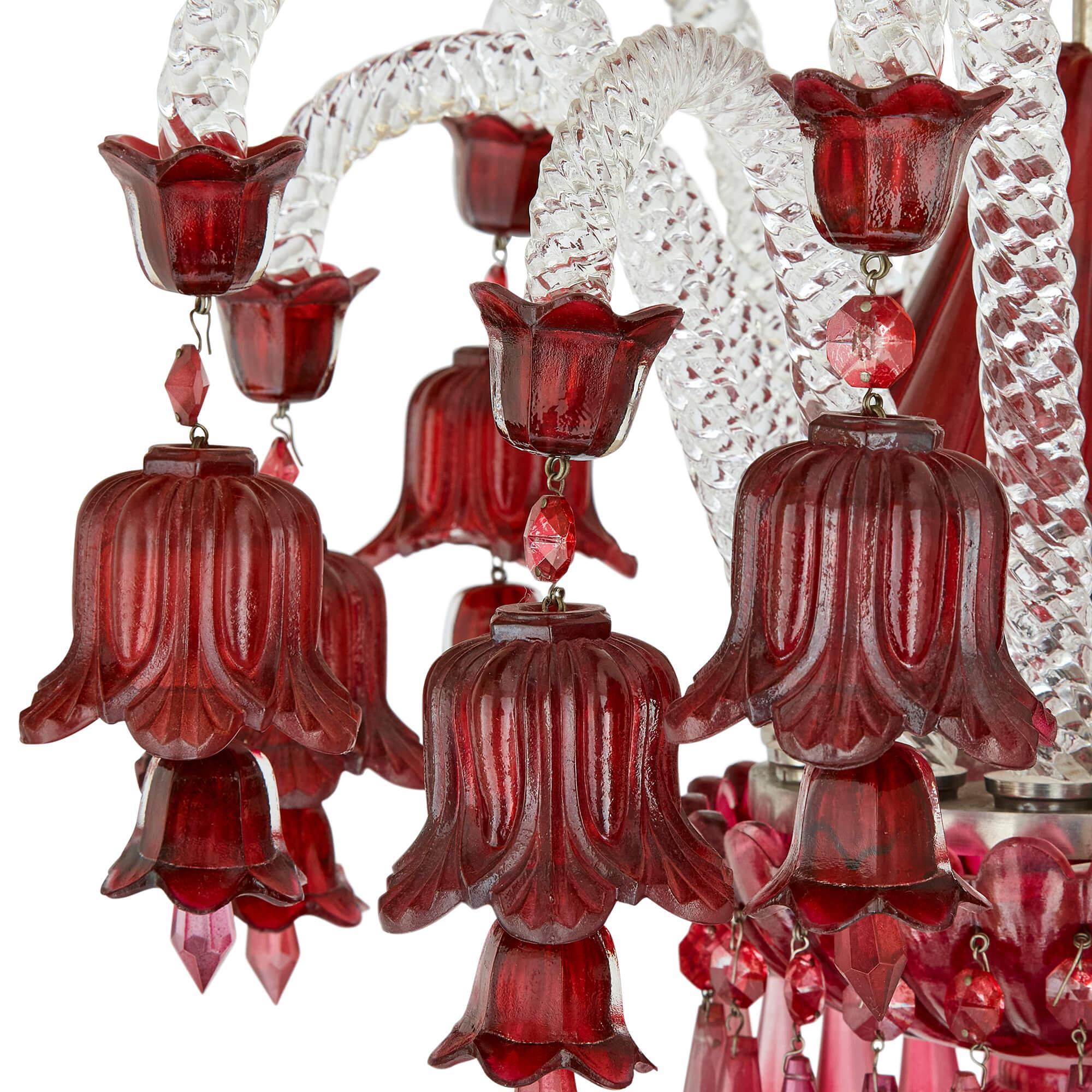 Large Clear and Red Cut Glass Chandelier  For Sale 1