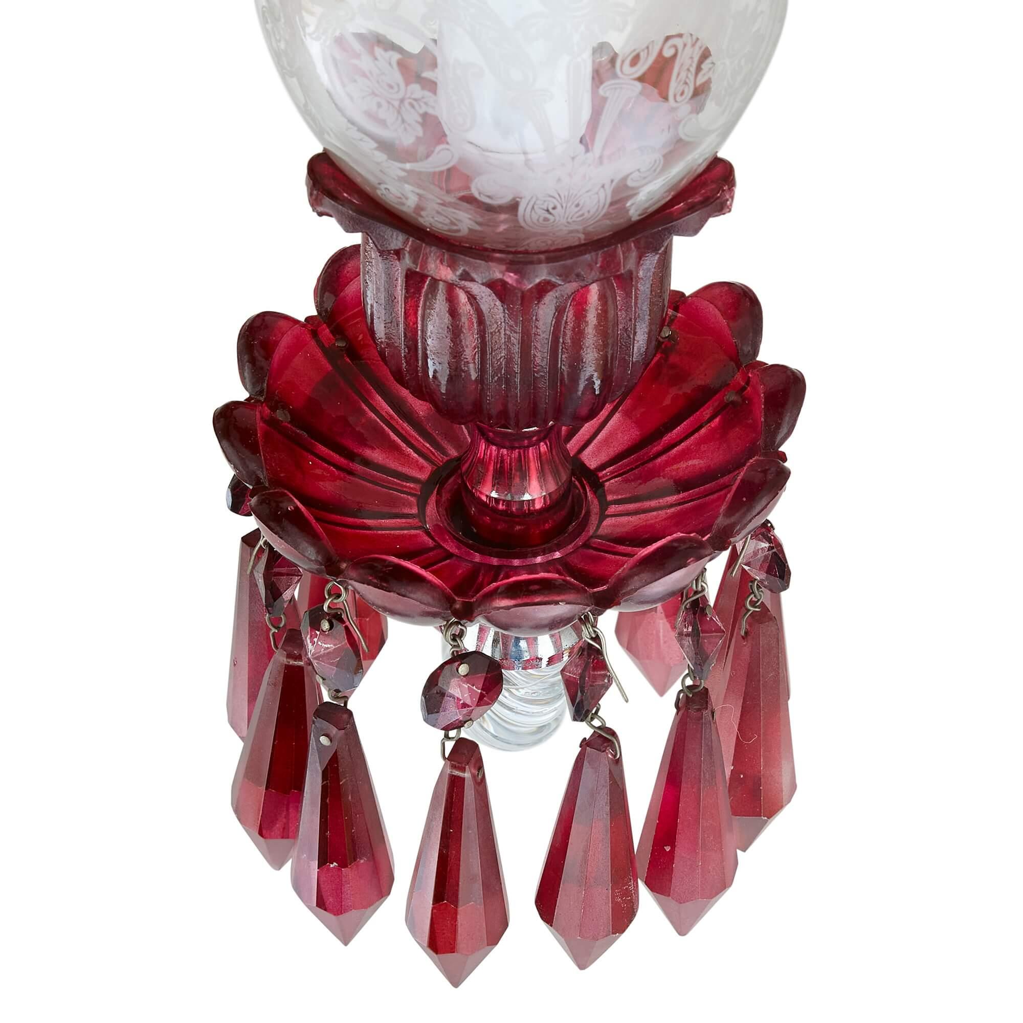 Large Clear and Red Cut Glass Chandelier  For Sale 2