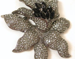 Large Clear & Black Crystal Flower Brooch