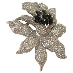 Large Clear 
Black Crystal Flower Brooch