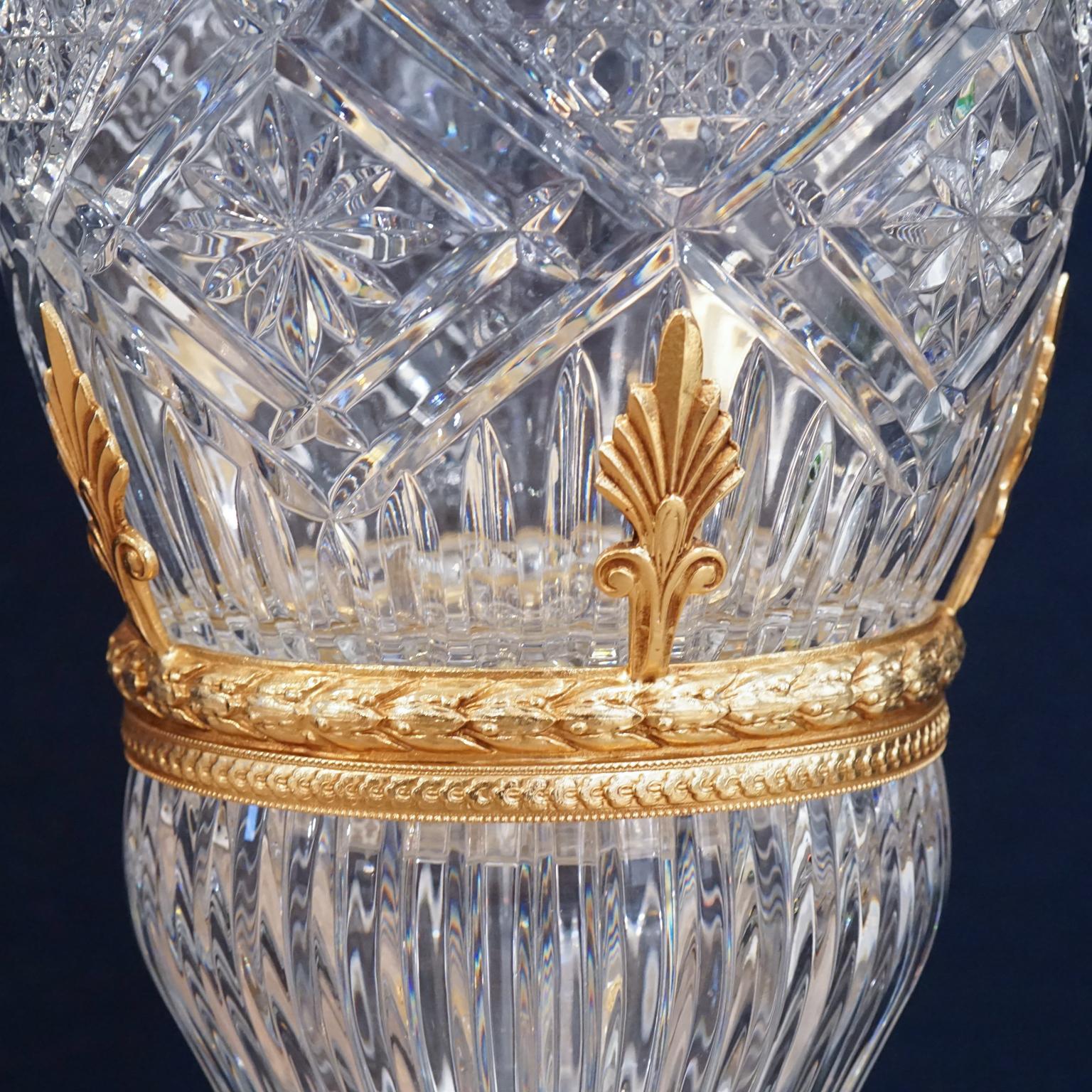 Appliqué Large Clear Crystal Vase Design Palmier with Covered Gold Bronze For Sale