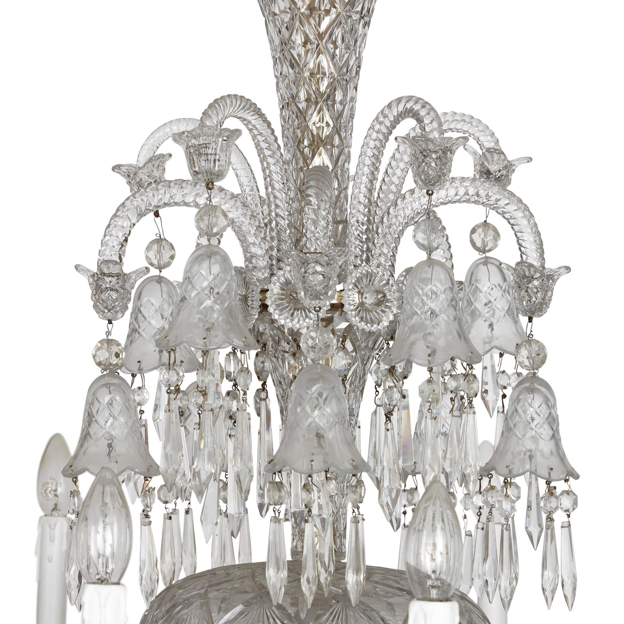 Large clear cut-glass chandelier by Baccarat 
French, Early 20th Century
Height 130cm, diameter 105cm

Brimming with fine detailing that displays extraordinary craftsmanship, this beautiful crystal chandelier highlights the skill of Baccarat’s