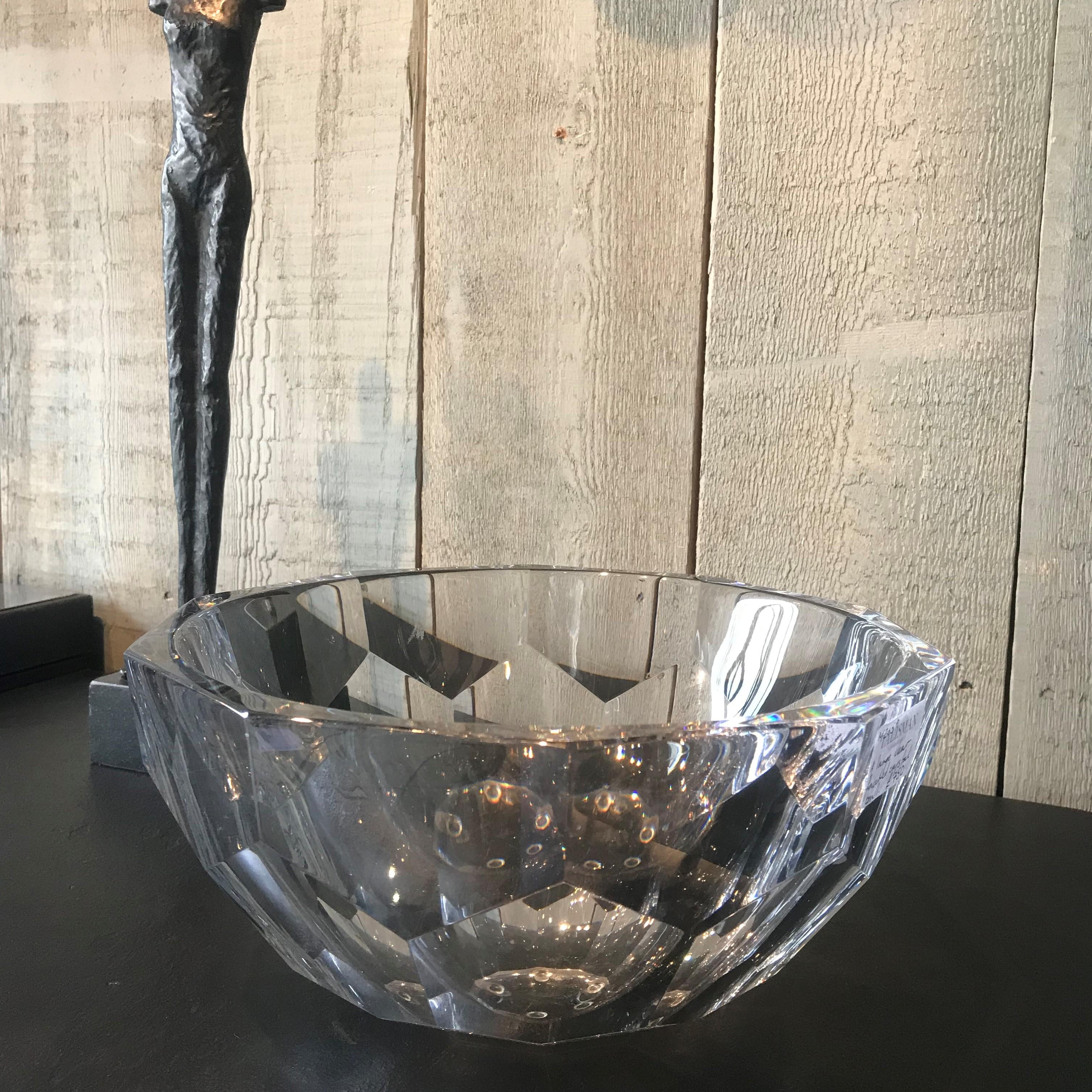 Mid-20th Century Large Clear Faceted Crystal Bowl For Sale