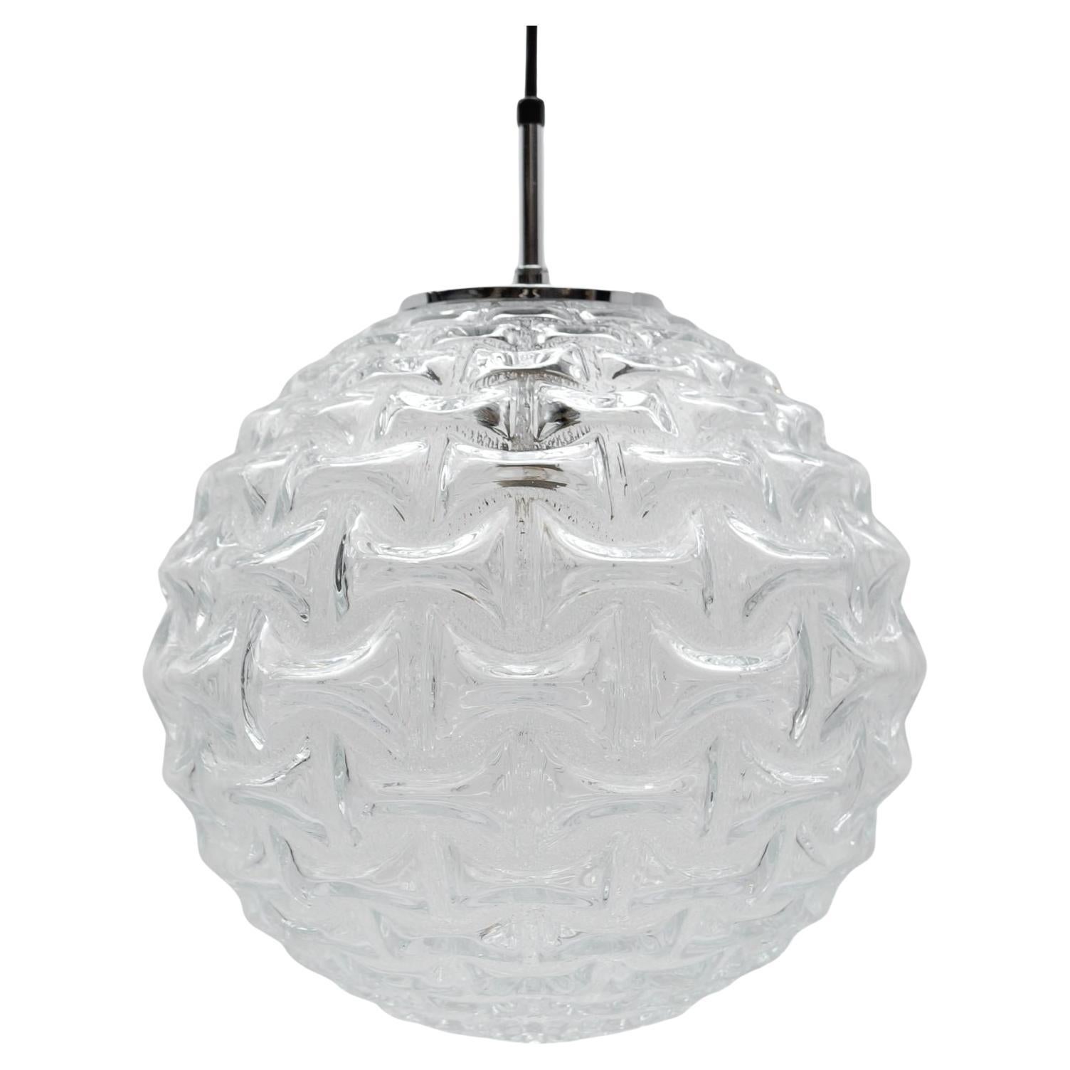 Large Clear Glass 3D Pattern Ball Pendant Lamp, 1960s Germany For Sale