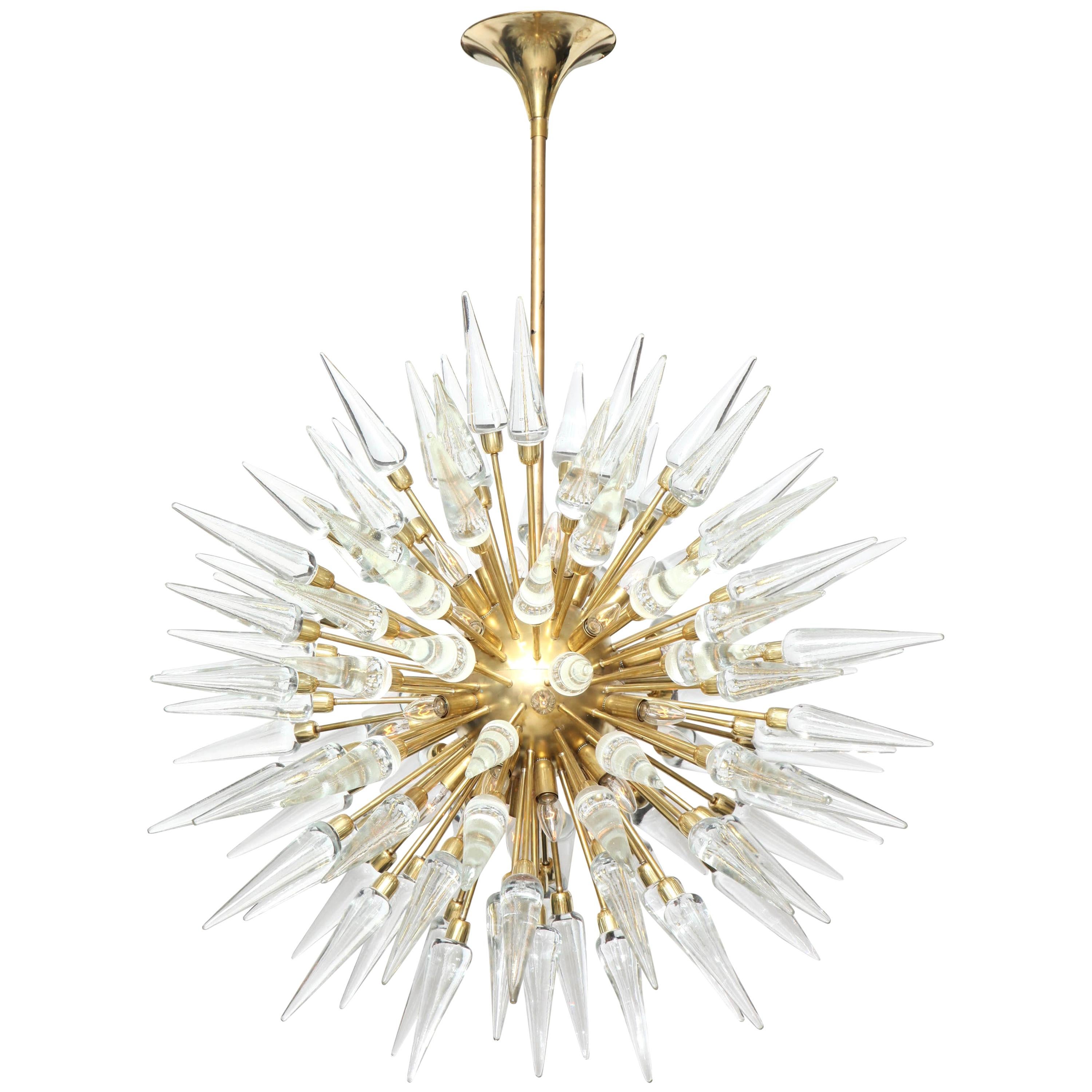 Clear Murano Glass and Unlacquered Brass Sputnik Starburst Chandelier, Italy