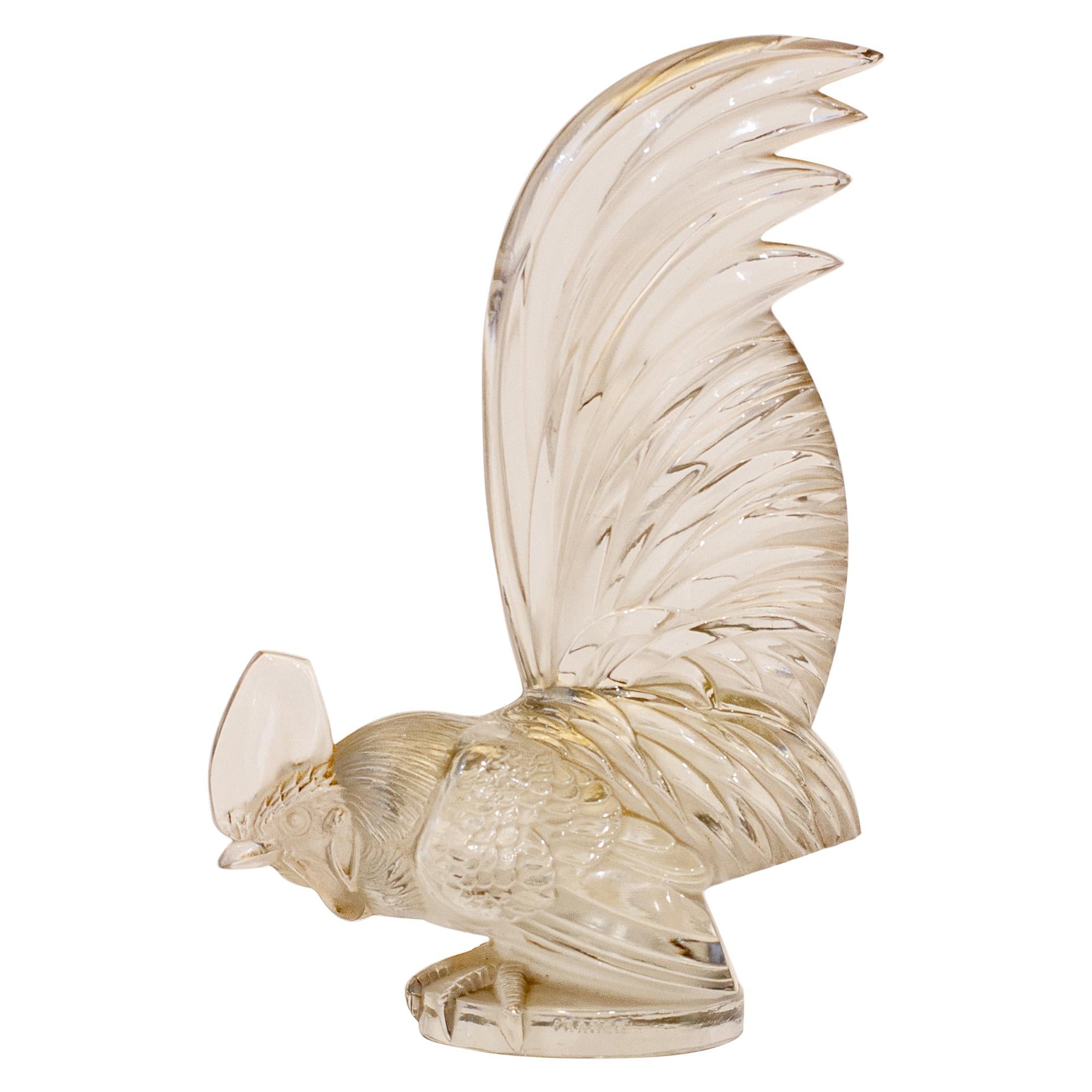 Large Clear Glass Rooster Car Mascot 'Coq Nain' by René Lalique, circa 1928