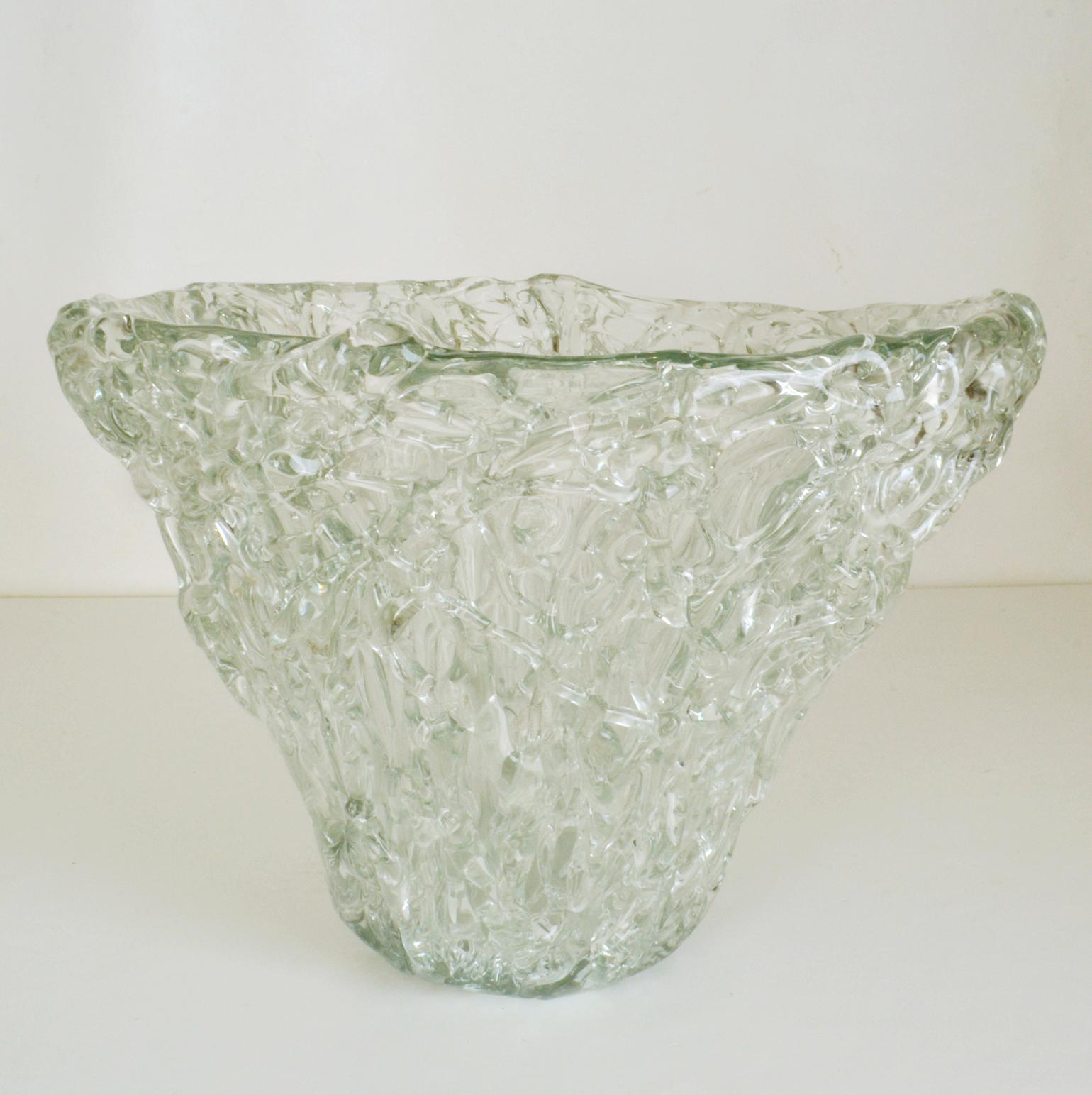 Mid-Century Modern Large Clear Glass Vessel with Abstract Texture by Mihai Topescu