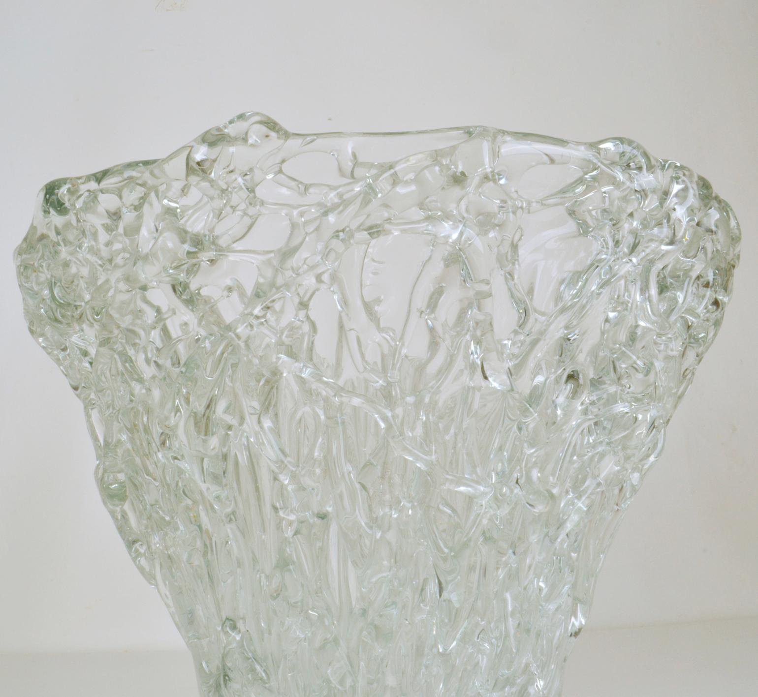 Late 20th Century Large Clear Glass Vessel with Abstract Texture by Mihai Topescu