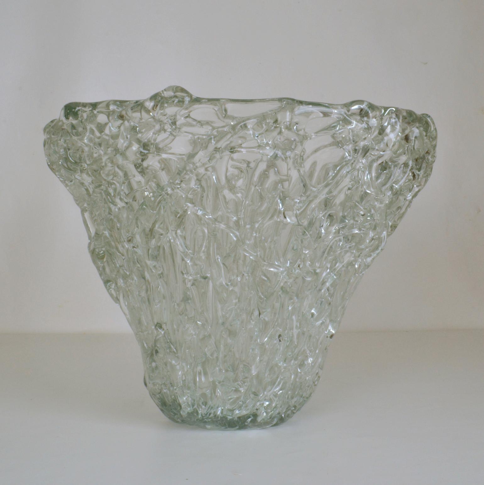Art Glass Large Clear Glass Vessel with Abstract Texture by Mihai Topescu