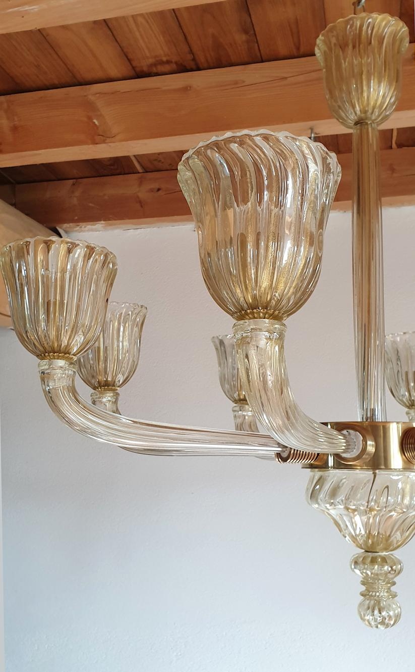 Large Clear & Gold Mid-Century Modern Murano Glass Chandelier, Venini Style 1970 3