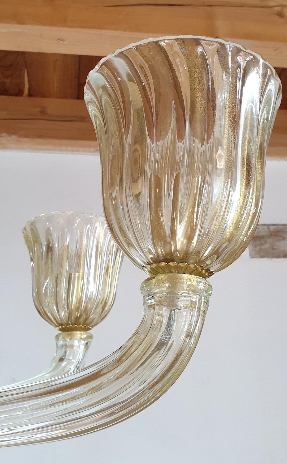 Large Clear & Gold Mid-Century Modern Murano Glass Chandelier, Venini Style 1970 4