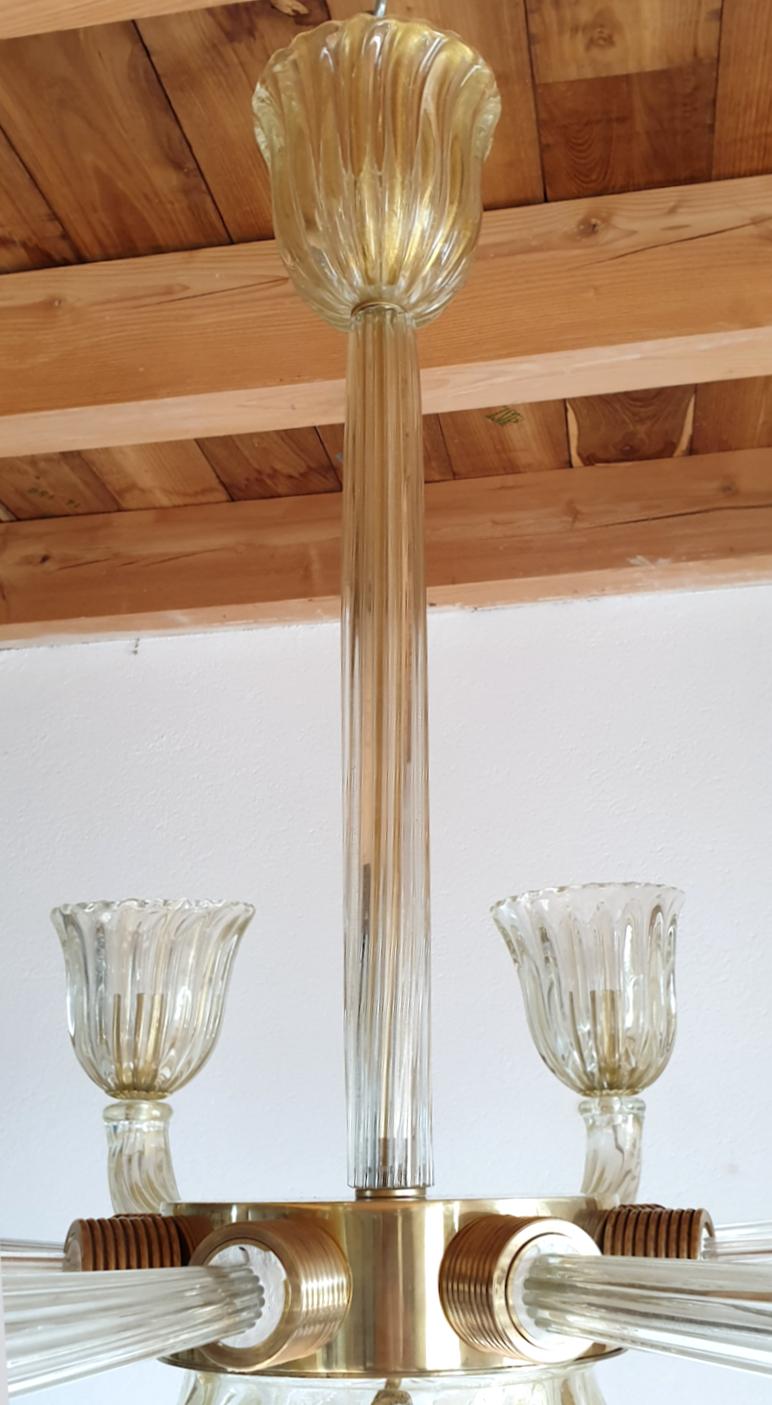 Large Clear & Gold Mid-Century Modern Murano Glass Chandelier, Venini Style 1970 5