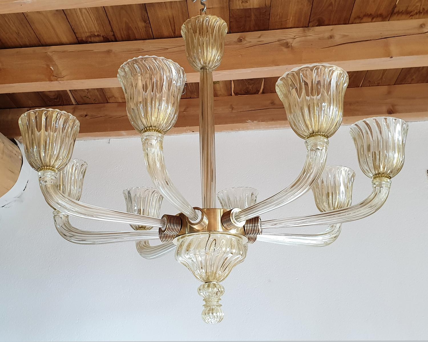 Italian Large Clear & Gold Mid-Century Modern Murano Glass Chandelier, Venini Style 1970