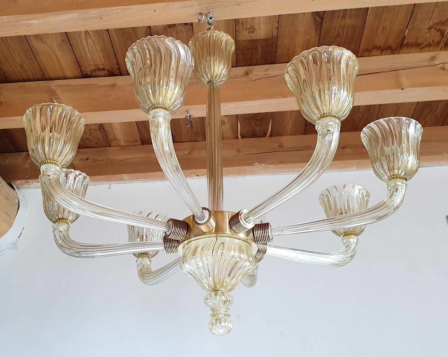 Hand-Crafted Large Clear & Gold Mid-Century Modern Murano Glass Chandelier, Venini Style 1970