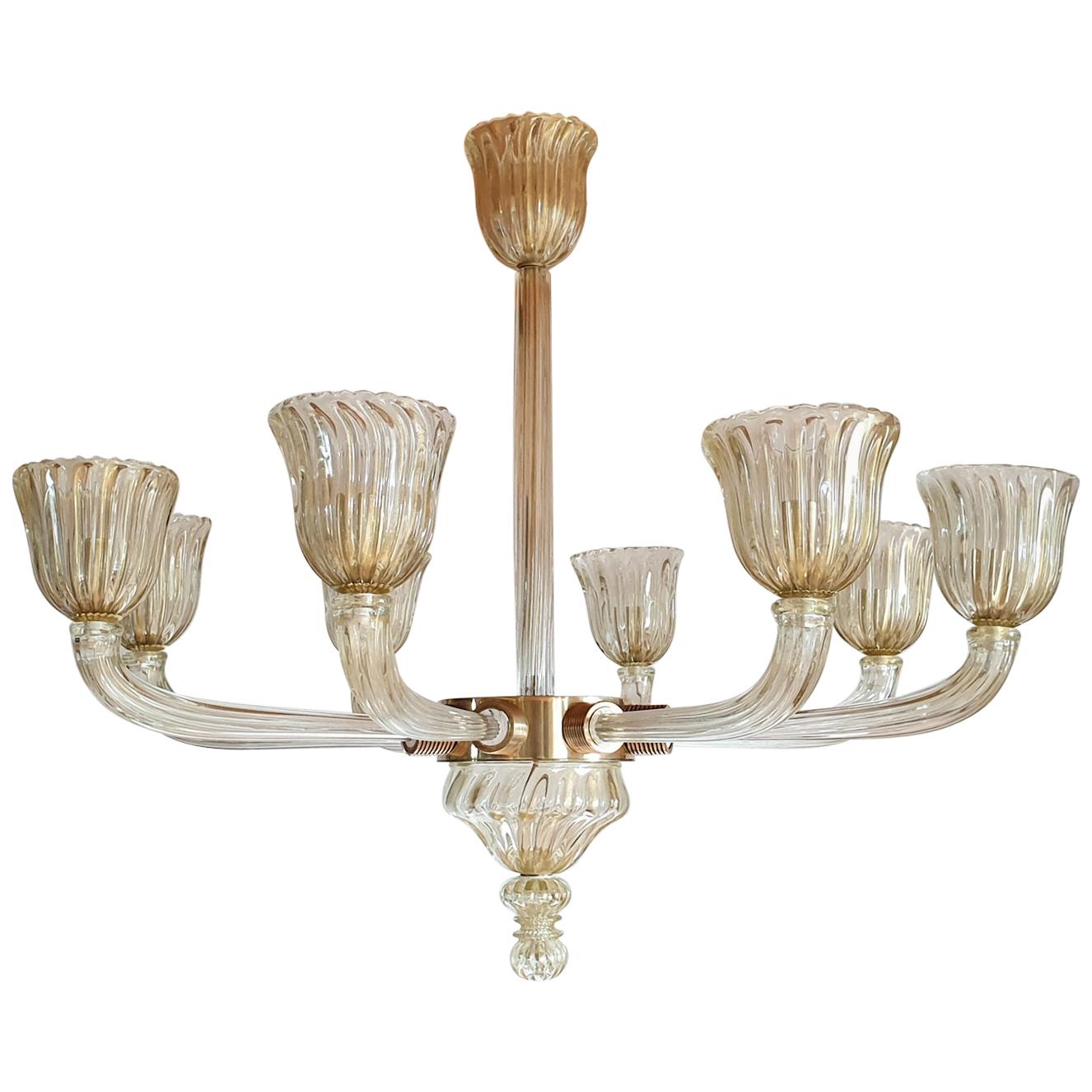 Large Clear & Gold Mid-Century Modern Murano Glass Chandelier, Venini Style 1970