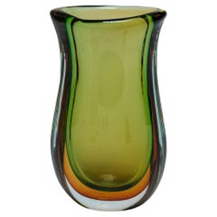 Large Clear, Green and Orange "Sommerso" Vintage Murano Glass Vase, Seguso Style