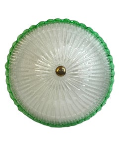 large Clear & Green Stripe Murano Glass Flush Mount Ceiling Light, Italy, 1970s