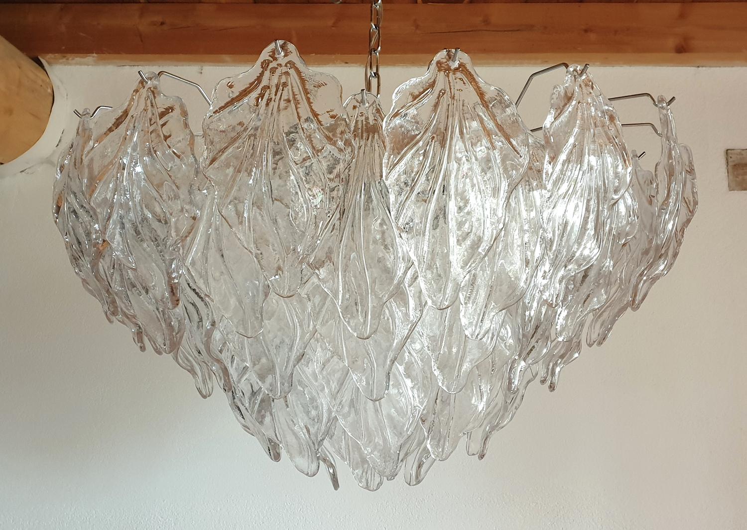 Italian Large Clear Murano Glass Leaves Mid-Century Modern Chandelier, Barovier Style
