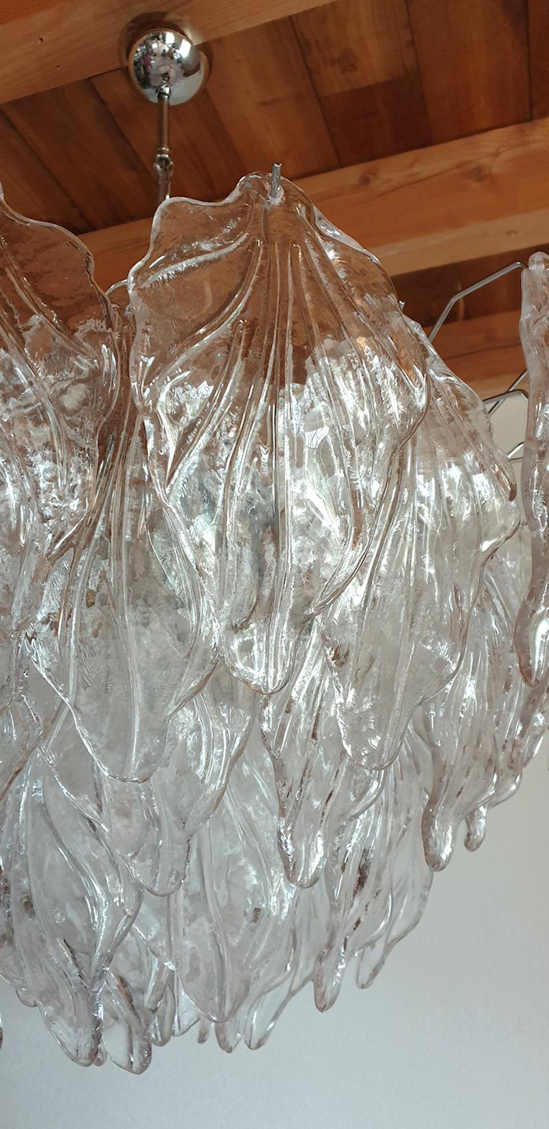 Large Clear Murano Glass Leaves Mid-Century Modern Chandelier, Barovier Style 1