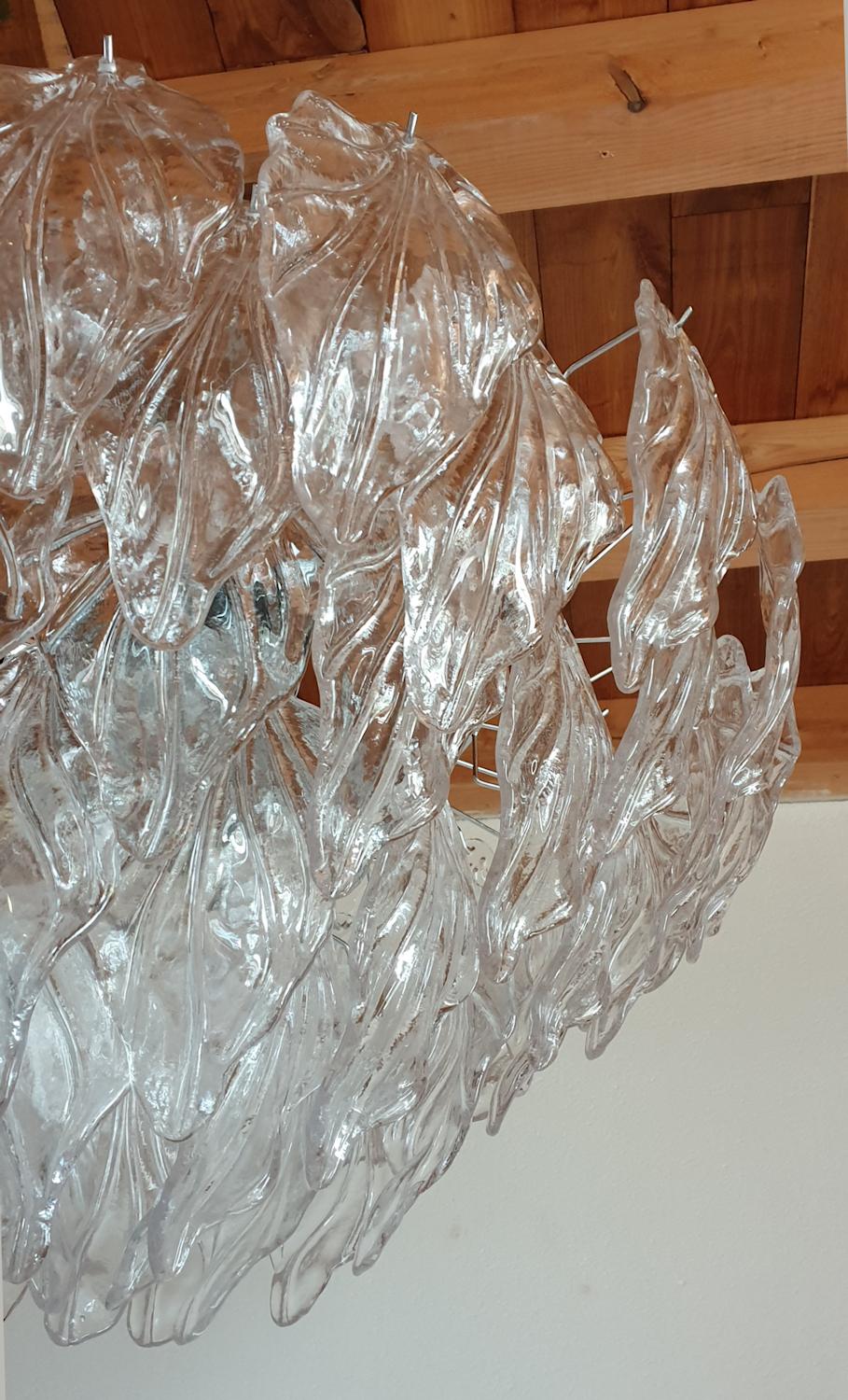 Large Clear Murano Glass Leaves Mid-Century Modern Chandelier, Barovier Style 2