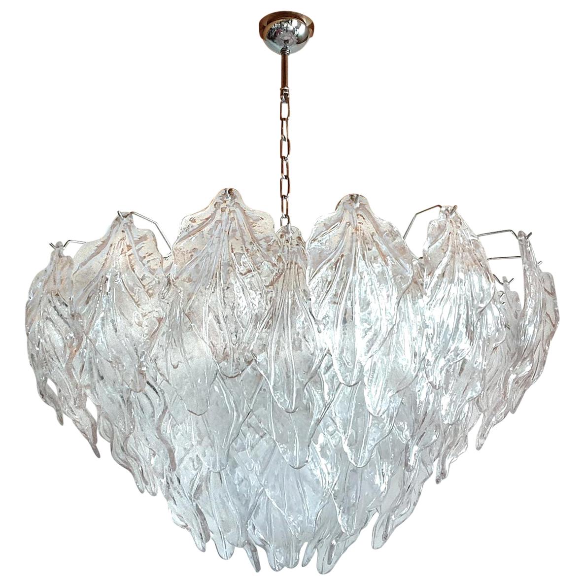 Large Clear Murano Glass Leaves Mid-Century Modern Chandelier, Barovier Style