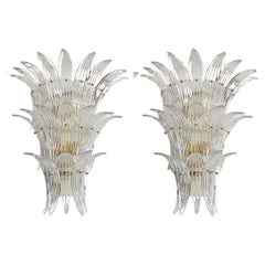 Large Clear Murano Glass Palmette Sconces 1970s, a Pair