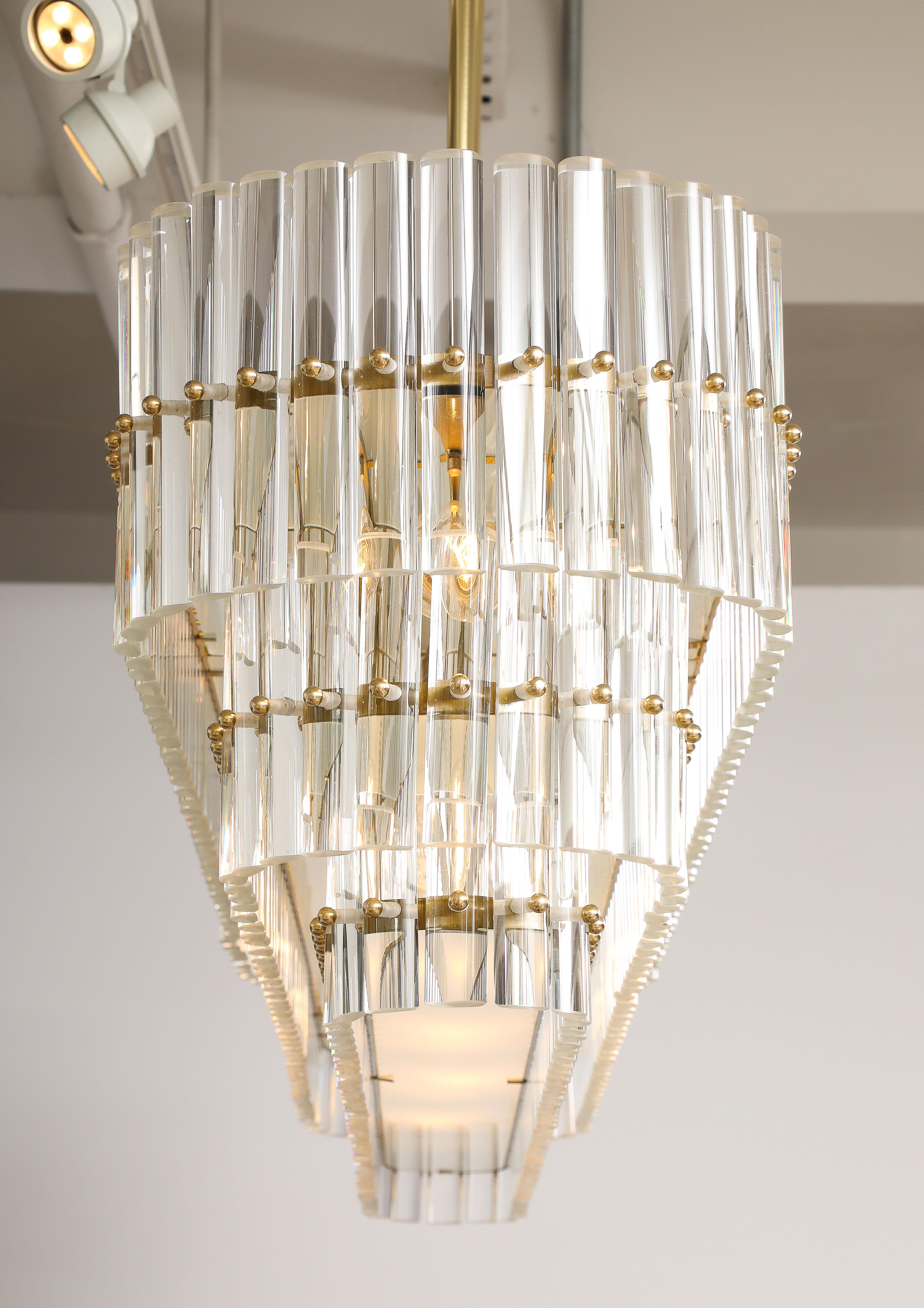 Large Clear Murano Glass Rods with Brass Frame Tiered Oval Chandelier, Italy For Sale 13