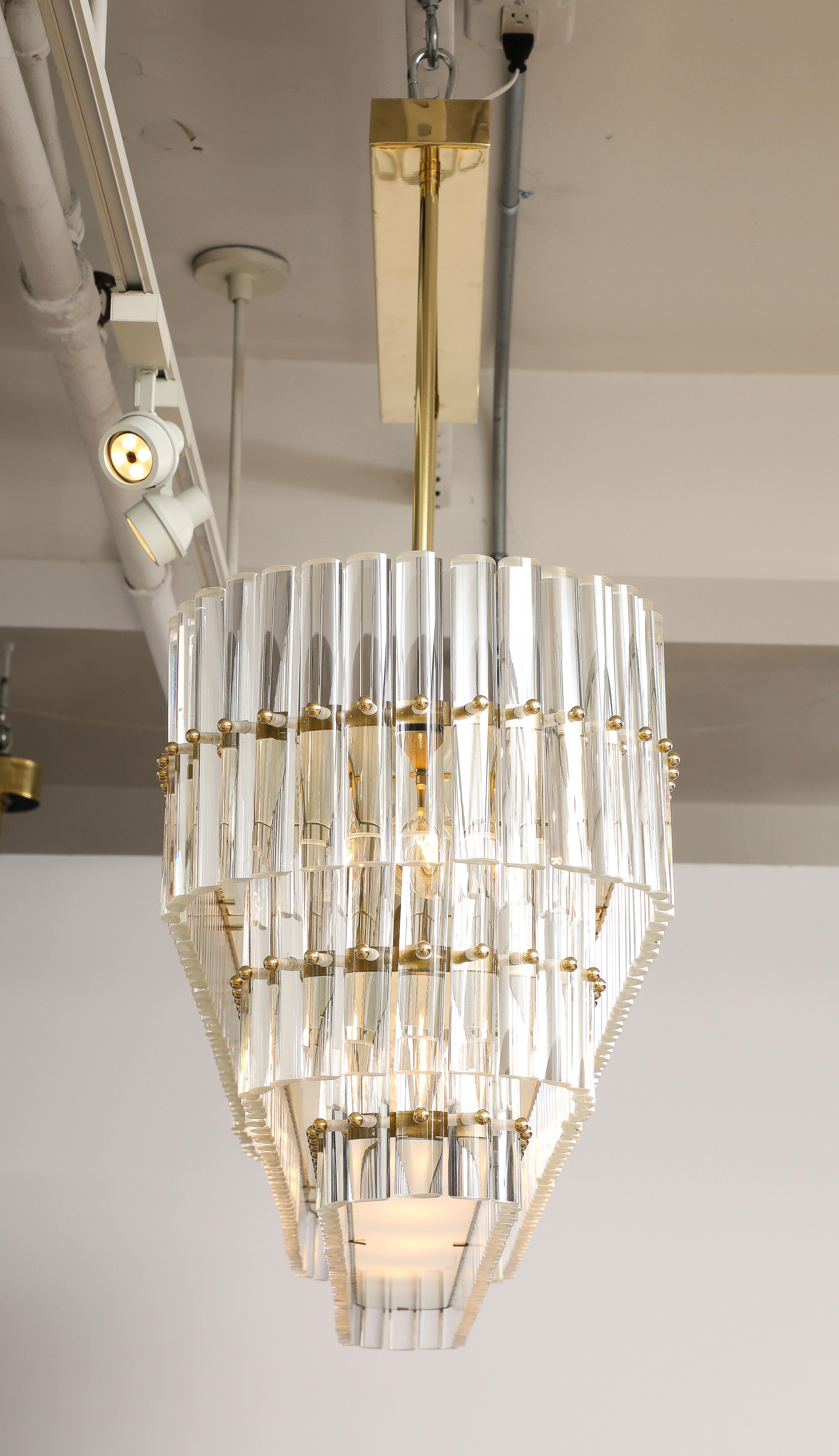 Mid-Century Modern Large Clear Murano Glass Rods with Brass Frame Tiered Oval Chandelier, Italy For Sale
