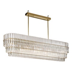 Large Clear Murano Glass Rods with Brass Frame Tiered Oval Chandelier, Italy Large Clear Murano Glass Rods with Brass Frame Tiered Oval Chandelier, Italy