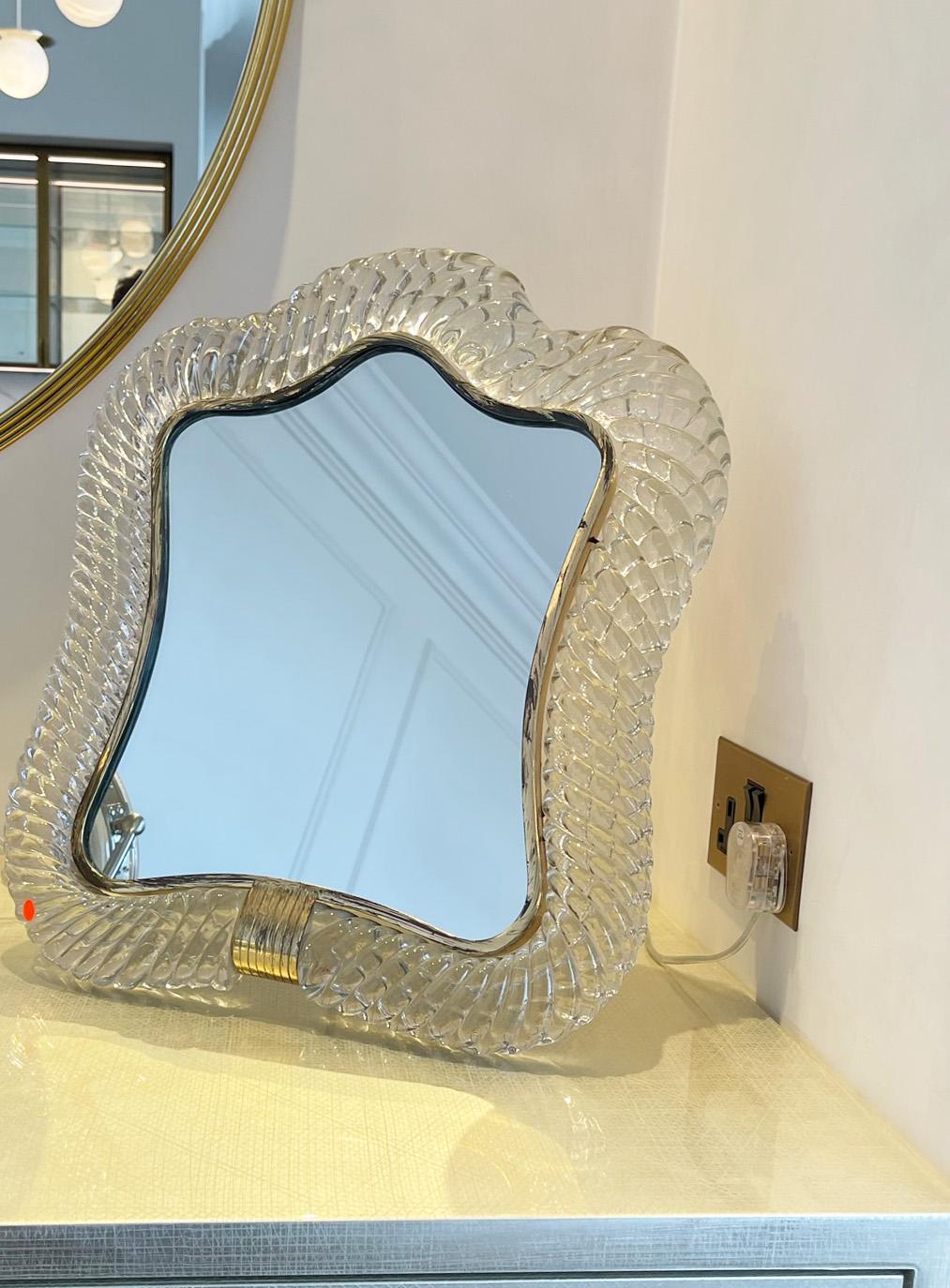italien Grand miroir de table en verre de Murano transparent Torchon de Barovier & Toso, années 1940