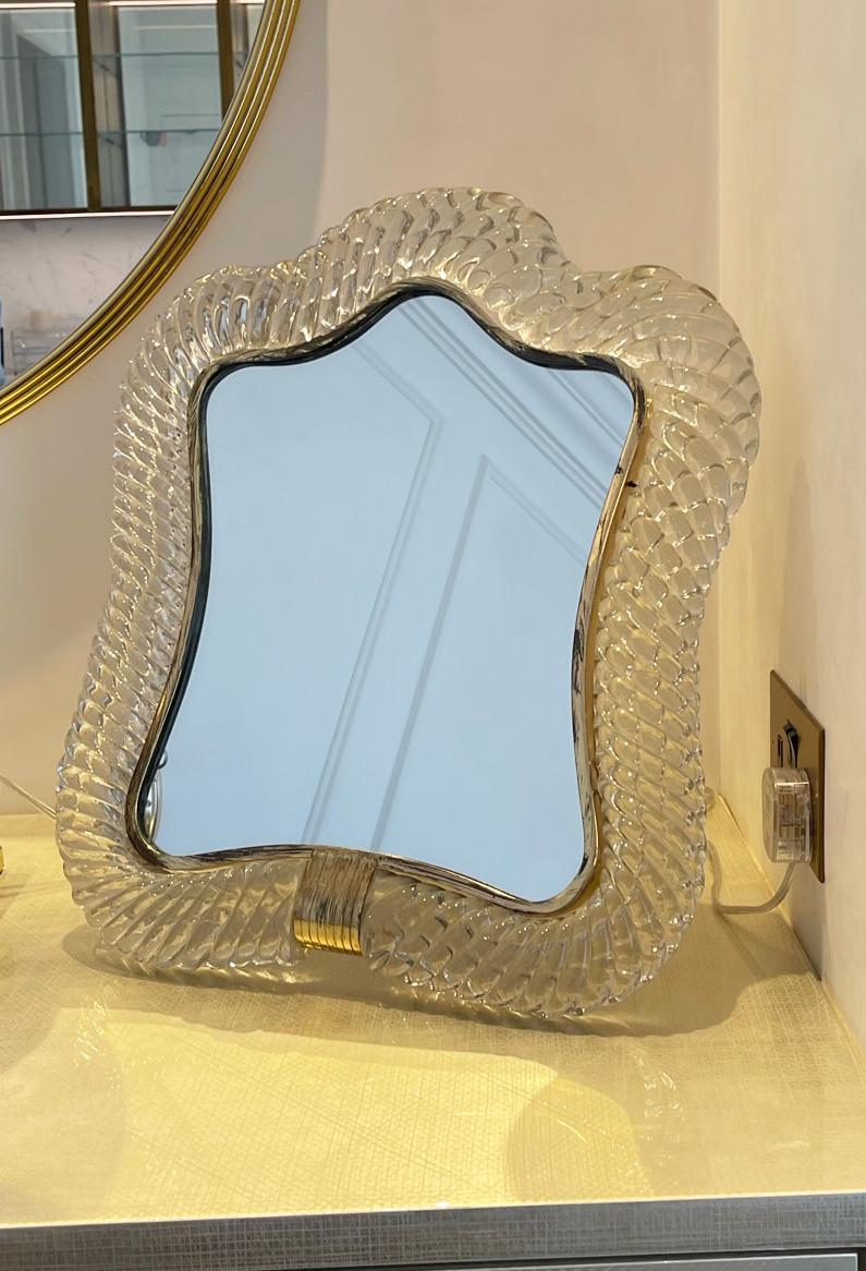 20ième siècle Grand miroir de table en verre de Murano transparent Torchon de Barovier & Toso, années 1940